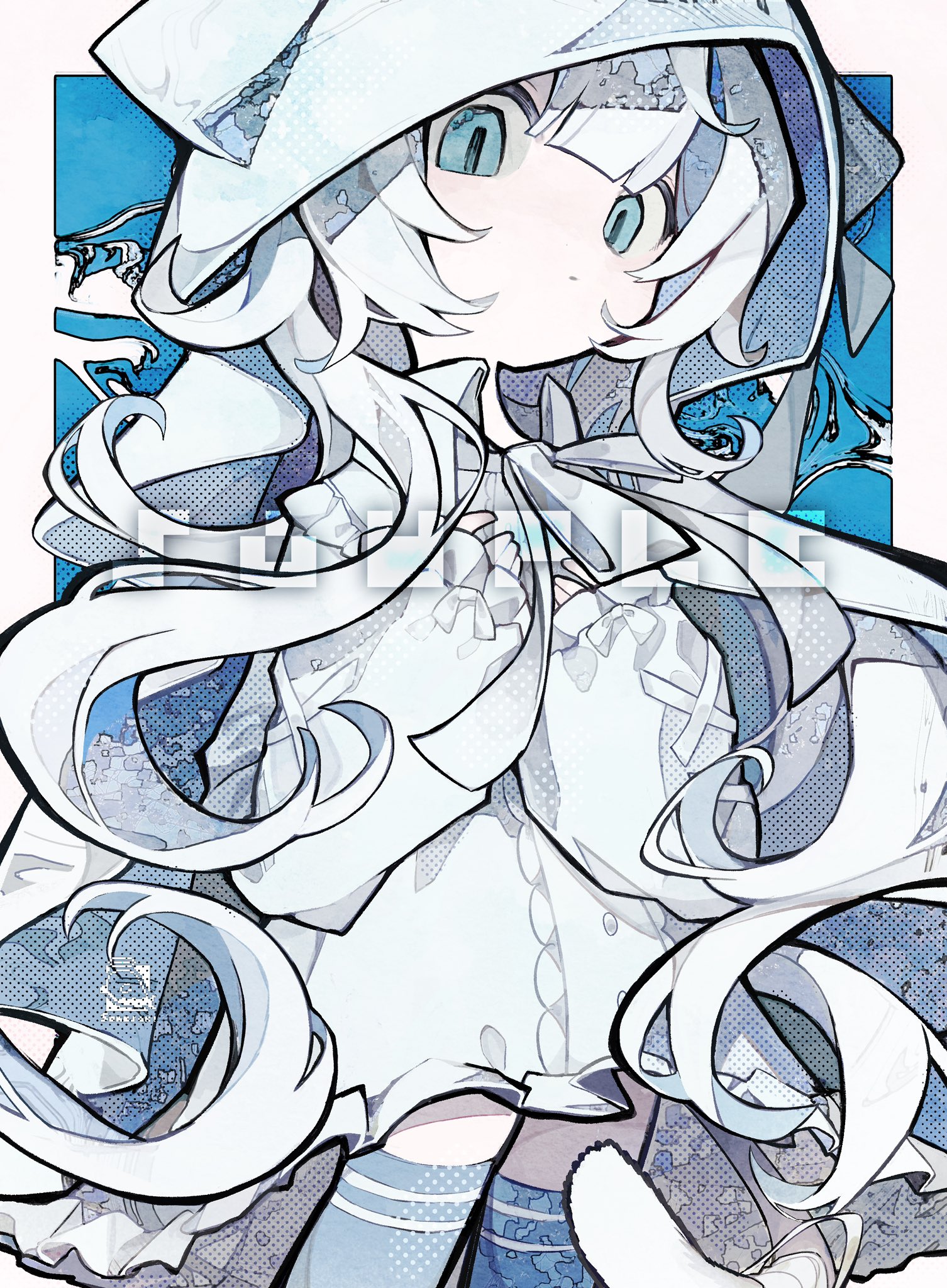 soresaki, original, highres, 1girl, blue background, blue eyes, border, bow, closed mouth, cross-laced clothes, cross-laced sleeves, dress, expressionless, grey ribbon, halftone, halftone background, hands on own chest, hood, hood up, long hair, long sleeves, looking at viewer, neck ribbon, outside border, puffy long sleeves, puffy sleeves, ribbon, sample watermark, sleeves past wrists, solo, very long hair, watermark, white border, white bow, white dress, white hair, white hood, white ribbon