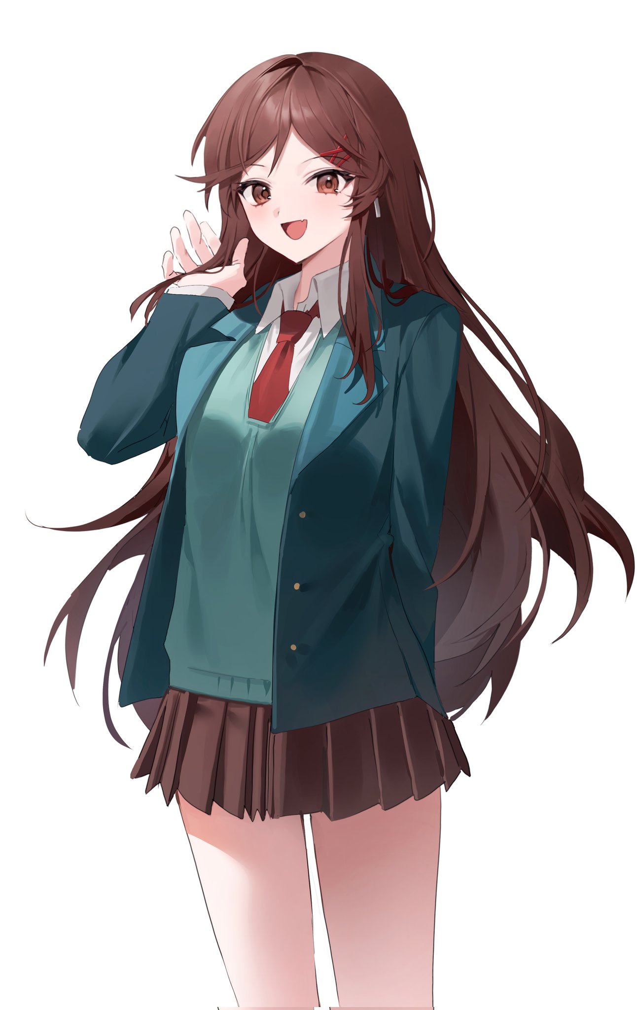 zombie high school, highres, korean commentary, 1girl, :d, blazer, blue jacket, blush, brown eyes, brown hair, brown skirt, collared shirt, cowboy shot, hair ornament, hairclip, hand up, jacket, jeong ye-seul, long hair, long sleeves, looking at viewer, miniskirt, necktie, open clothes, open jacket, open mouth, pleated skirt, red necktie, rkgk ymmm, school uniform, shirt, simple background, skirt, smile, solo, sweater vest, very long hair, white background, white shirt, x hair ornament