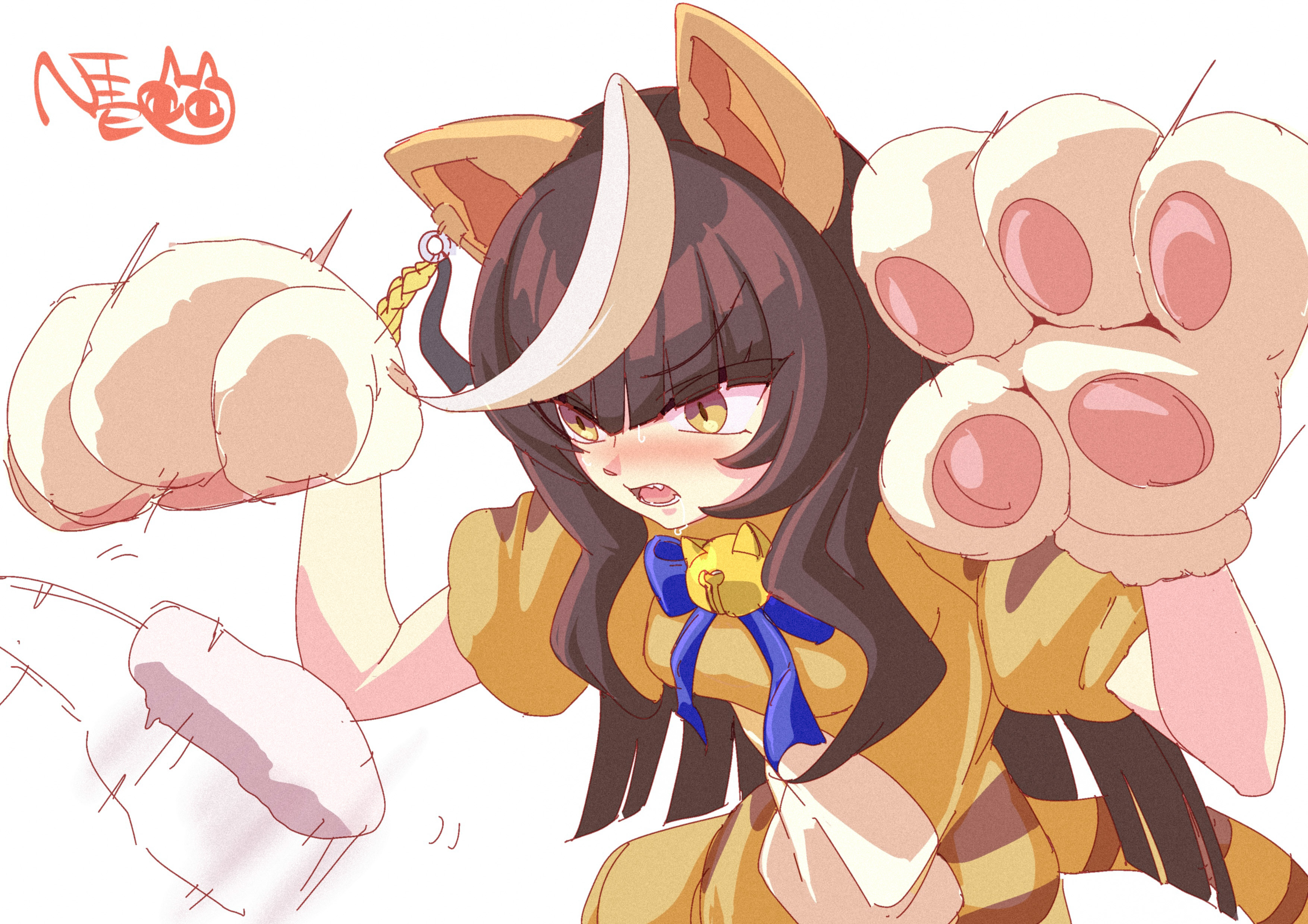 nanziwakamika23, calstone light o (umamusume), umamusume, absurdres, commentary request, highres, 1girl, afterimage, ahoge, animal costume, animal ears, animal hands, bell, black hair, blue bow, blue bowtie, blush, bow, bowtie, cat, cat ears, cat paws, cat tail, cat teaser, cowboy shot, ear tag, earrings, fake animal ears, fangs, from side, gloves, horse girl, jewelry, long hair, looking at object, motion lines, neck bell, official alternate costume, open mouth, paw gloves, pawpads, saliva, sidelocks, signature, solo, sweat, tail, tassel, tassel earrings, white background, yellow eyes