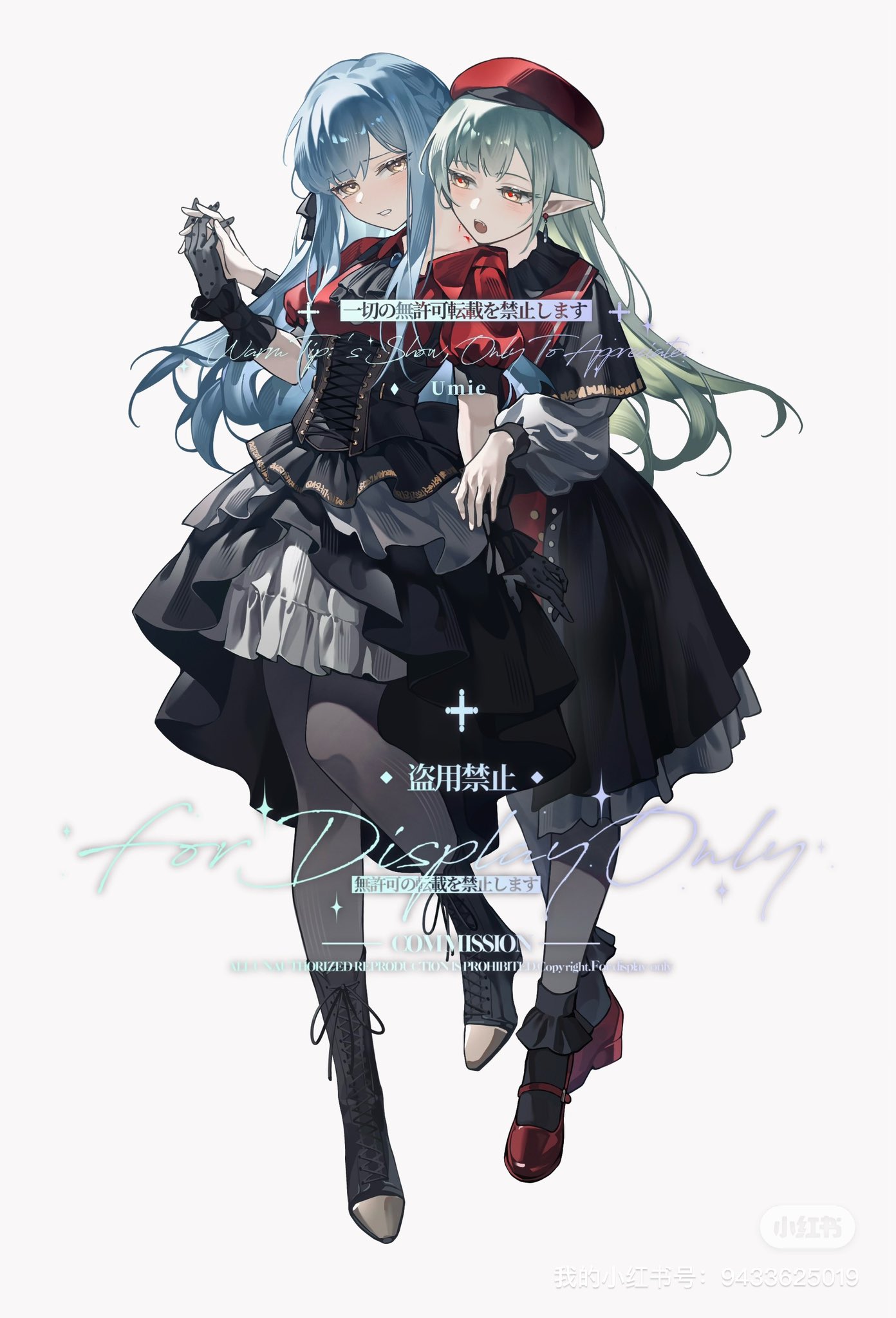 umie (iowae), togawa sakiko, wakaba mutsumi, ave mujica (bang dream!), bang dream!, bang dream! it's mygo!!!!!, highres, 2girls, ascot, black ascot, black capelet, black corset, black gloves, blue hair, boots, capelet, chinese text, corset, dress, gloves, head out of frame, holding hands, long hair, long sleeves, multiple girls, open mouth, pantyhose, puffy short sleeves, puffy sleeves, shirt, short sleeves, watermark, white background, yuri