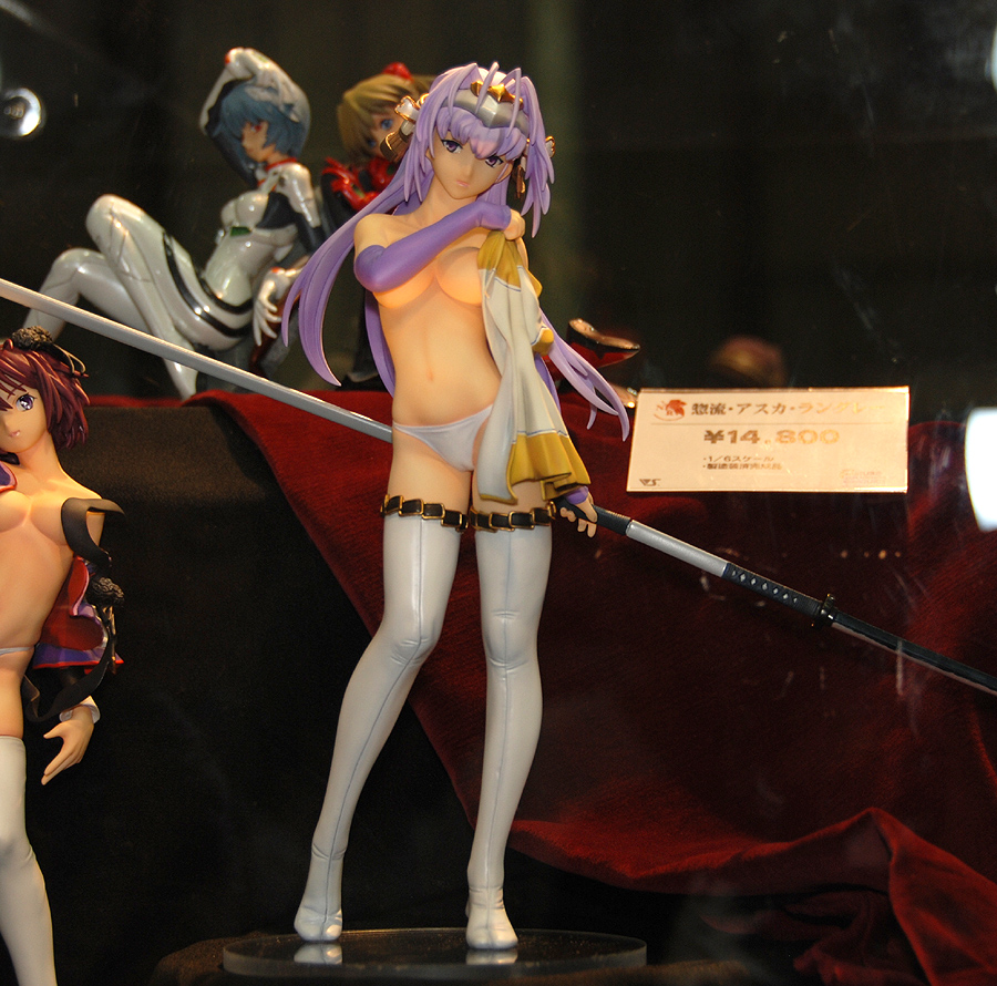 ayanami rei, nanjou ran, senhime, souryuu asuka langley, neon genesis evangelion, rance (series), sengoku rance, wonder festival, wonder festival 2007, hand on head, white legwear, photo (medium), 4girls, antenna hair, arm support, arm up, bare shoulders, blue eyes, blue hair, blurry, bodysuit, breasts, breasts apart, brown hair, cameltoe, censored, circlet, convenient censoring, crossover, depth of field, elbow gloves, figure, fingerless gloves, fur trim, gloves, hair between eyes, hair intakes, hair ornament, head tilt, holding, japanese clothes, leaning, leaning back, long hair, mecha pilot suit, multiple girls, naginata, navel, no bra, off shoulder, open clothes, open shirt, panties, plugsuit (evangelion), polearm, purple eyes, purple hair, reclining, red eyes, red hair, reflection, shiny clothes, shirt, short hair, sign, sitting, spear, standing, strap slip, thighhighs, tiptoes, topless female, turtleneck, underwear, undressing, weapon, white panties