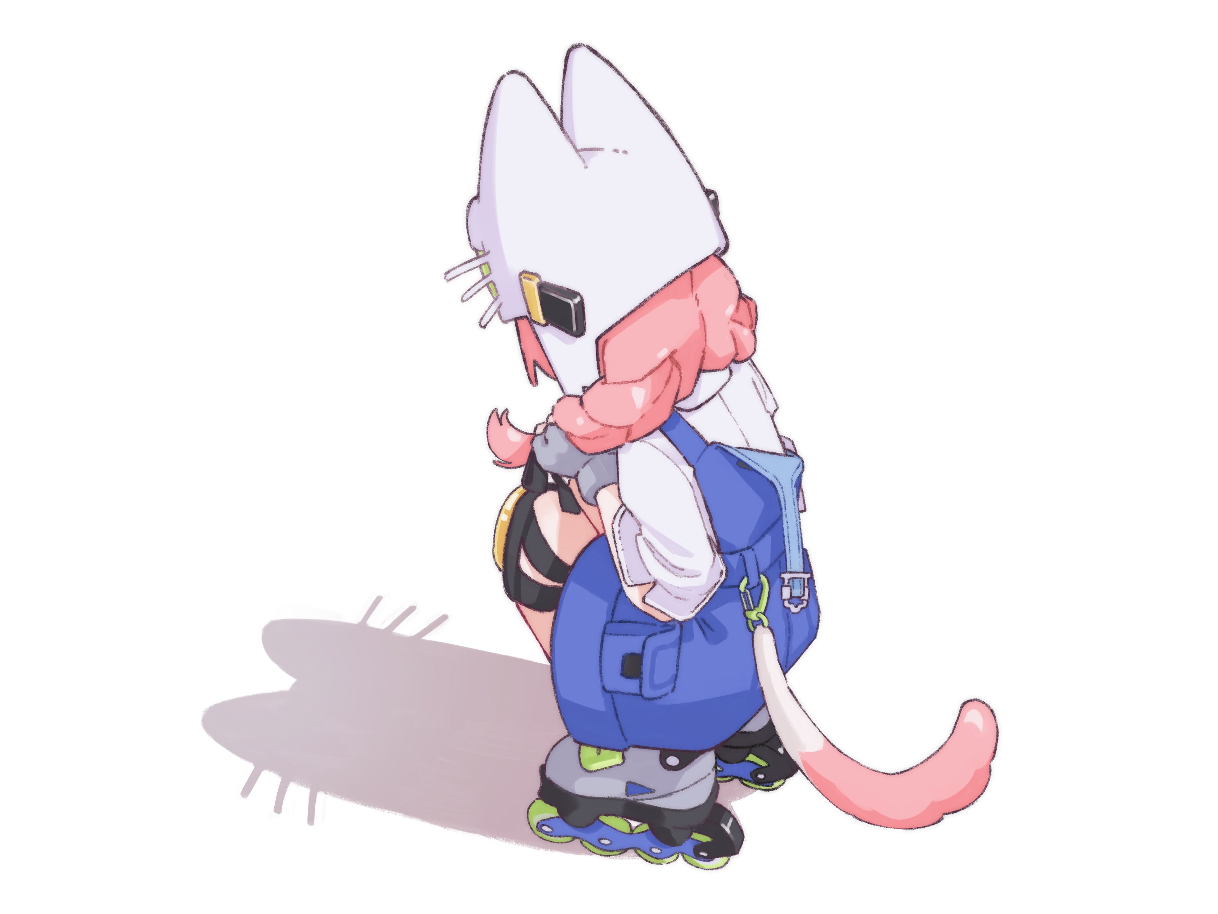 nanoni!, original, absurdres, commentary, hashtag-only commentary, highres, 1girl, animal hat, blue overalls, braid, cat hat, cat shadow puppet (meme), full body, grey shoes, hat, knee pads, long hair, meme, overall shorts, overalls, pink hair, roller skates, shadow, shirt, shoes, short sleeves, simple background, skates, solo, squatting, twin braids, white background, white hat, white shirt