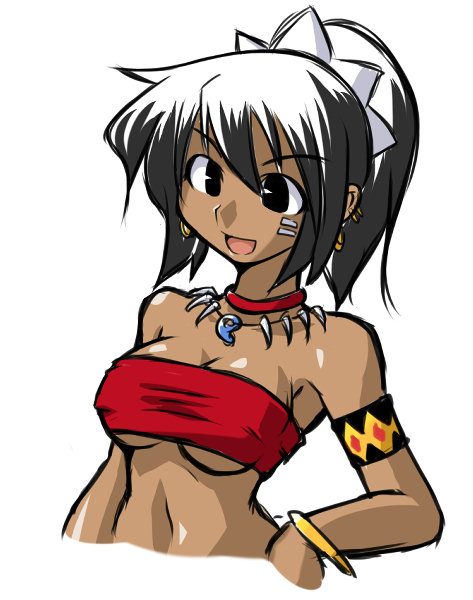 shilleka, atlus, etrian odyssey, tagme, 1girl, bandeau, dark-skinned female, dark skin, female focus, jewelry, neck ring, necklace, ponytail, red bandeau, simple background, solo, tooth necklace, white background