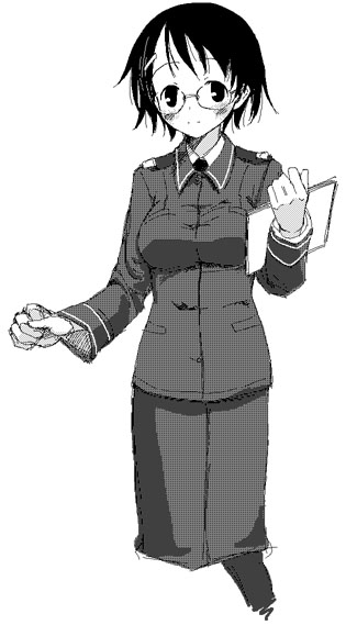 satou atsuki, fujieda nanae, sky girls, 00s, 1girl, blush, breasts, female focus, glasses, greyscale, halftone, medium breasts, monochrome, pantyhose, short hair, simple background, solo, white background
