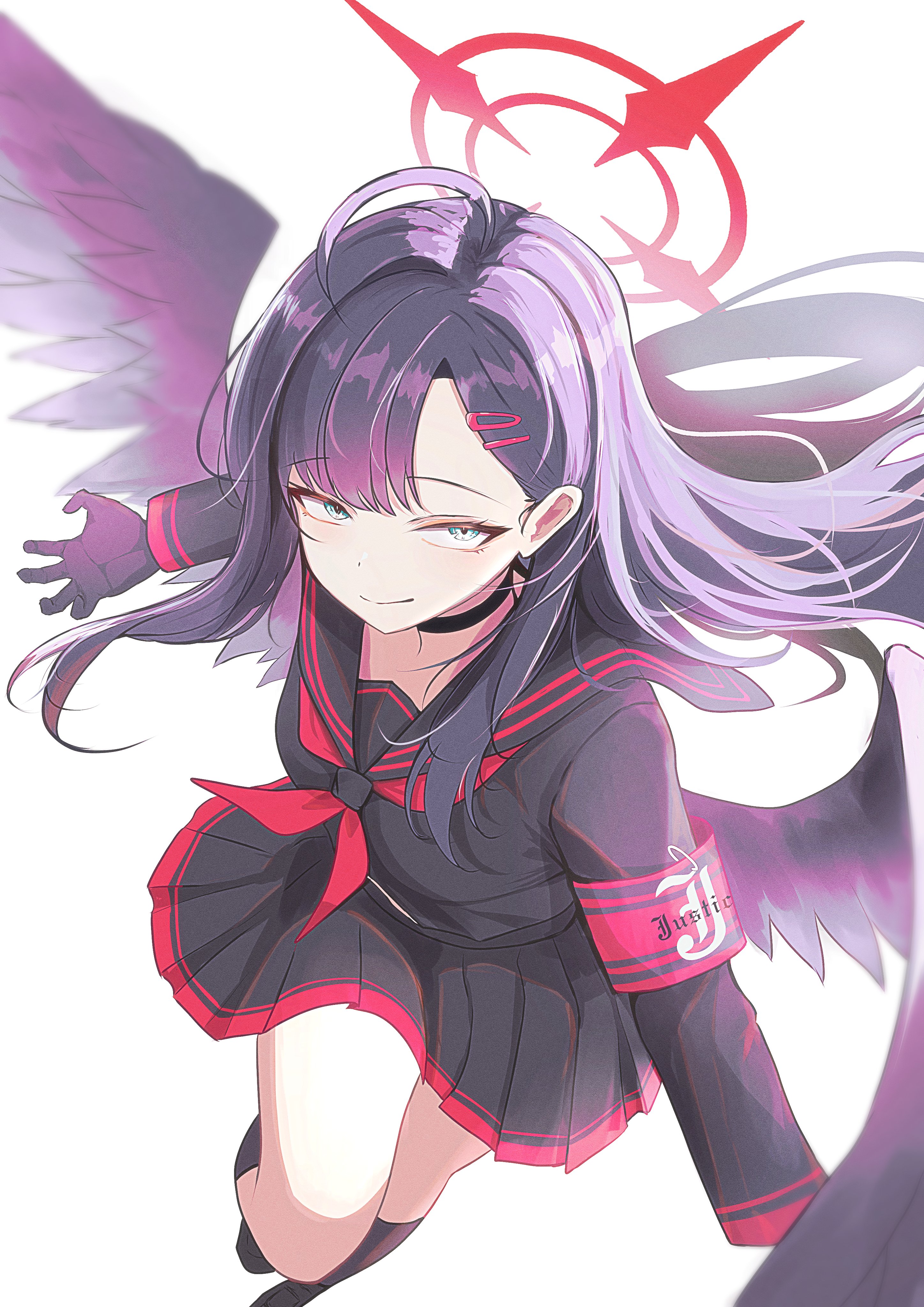 himmel gewalt, ichika (blue archive), blue archive, absurdres, highres, 1girl, armband, black choker, black gloves, black hair, black sailor collar, black serafuku, black skirt, black wings, choker, closed mouth, feathered wings, gloves, hair ornament, hairclip, halo, long hair, long sleeves, looking at viewer, neckerchief, pleated skirt, red armband, red halo, red neckerchief, safety pin, sailor collar, school uniform, serafuku, simple background, skirt, smile, solo, white background, wings