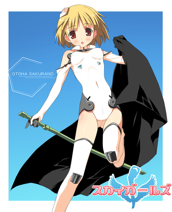 kantoku, sakurano otoha, sky girls, pilot suit, 00s, 1girl, :o, bare shoulders, blonde hair, blue background, blunt bangs, blush, boots, breasts, character name, copyright name, covered erect nipples, covered navel, elbow gloves, female focus, gloves, gradient background, halterneck, headgear, holding, holding weapon, leg lift, leotard, logo, looking at viewer, mecha pilot suit, motion slit, motionslit, open mouth, parted bangs, petite, red eyes, short hair, small breasts, solo, sword, thigh boots, thighhighs, turtleneck, weapon, white boots, white thighhighs