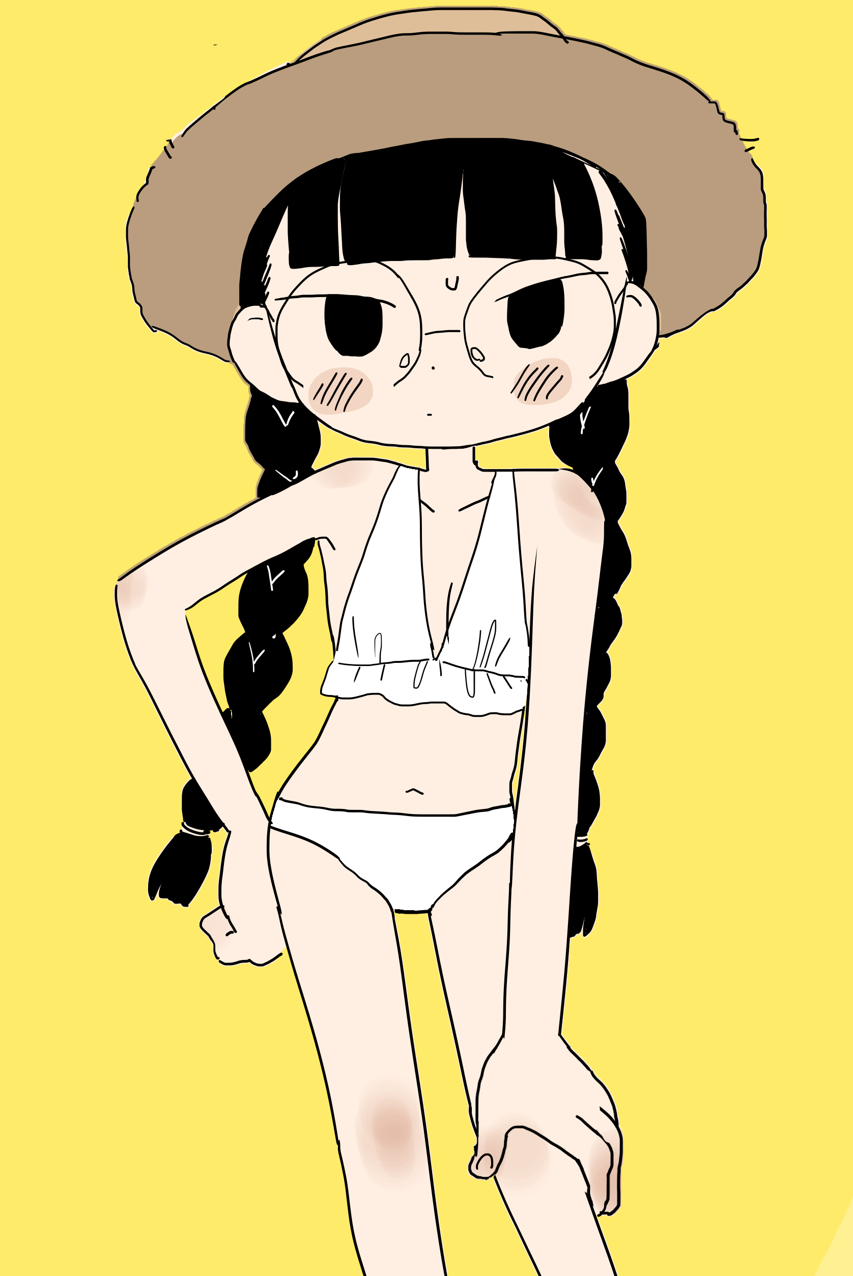ikuta semi, original, absurdres, highres, 1girl, bikini, black hair, blunt bangs, blush, glasses, hat, long hair, round eyewear, simple background, swimsuit