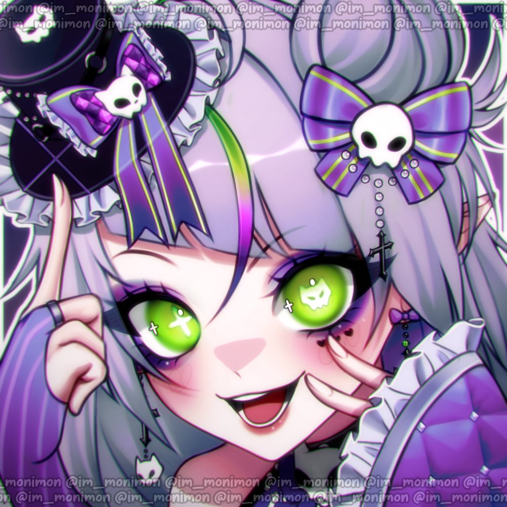 original, commentary, commission, english commentary, 1girl, blush, border, bow, bridal gauntlets, diagonal bangs, fingernails, green eyes, hair bow, hands up, hat, im monimon, index finger raised, long hair, looking at viewer, mini hat, mini top hat, mismatched pupils, open mouth, outside border, portrait, purple background, purple bow, purple bridal gauntlets, purple hair, smile, solo, symbol-shaped pupils, top hat, watermark, white border