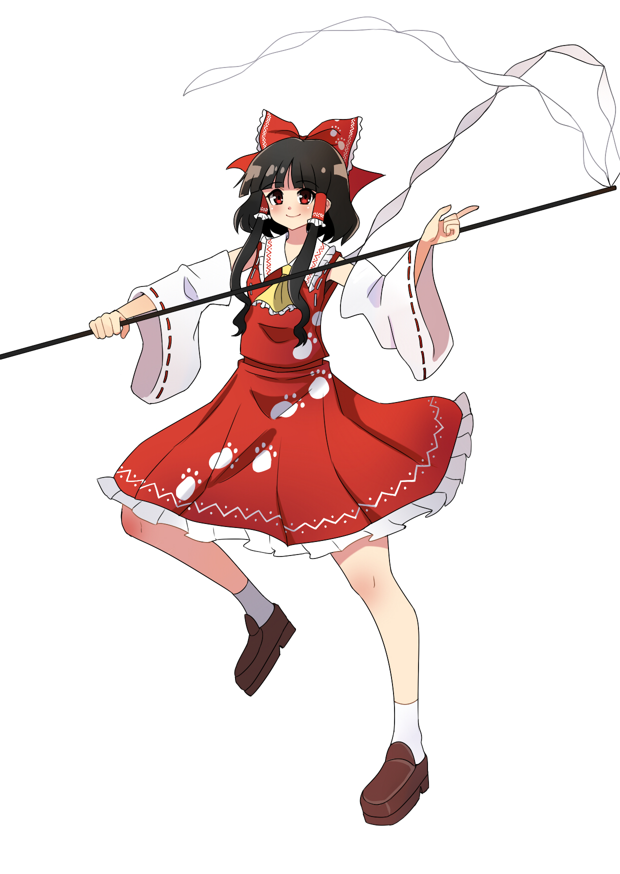 break~, hakurei reimu, touhou, wily beast and weakest creature, chinese commentary, commentary request, highres, 1girl, ascot, bow, brown hair, brown shoes, closed mouth, detached sleeves, frilled bow, frilled hair tubes, frilled skirt, frills, full body, gohei, hair bow, hair tubes, holding, holding gohei, loafers, long hair, red bow, red eyes, red skirt, ribbon-trimmed sleeves, ribbon trim, shoes, simple background, skirt, skirt set, smile, socks, solo, white background, white socks, yellow ascot