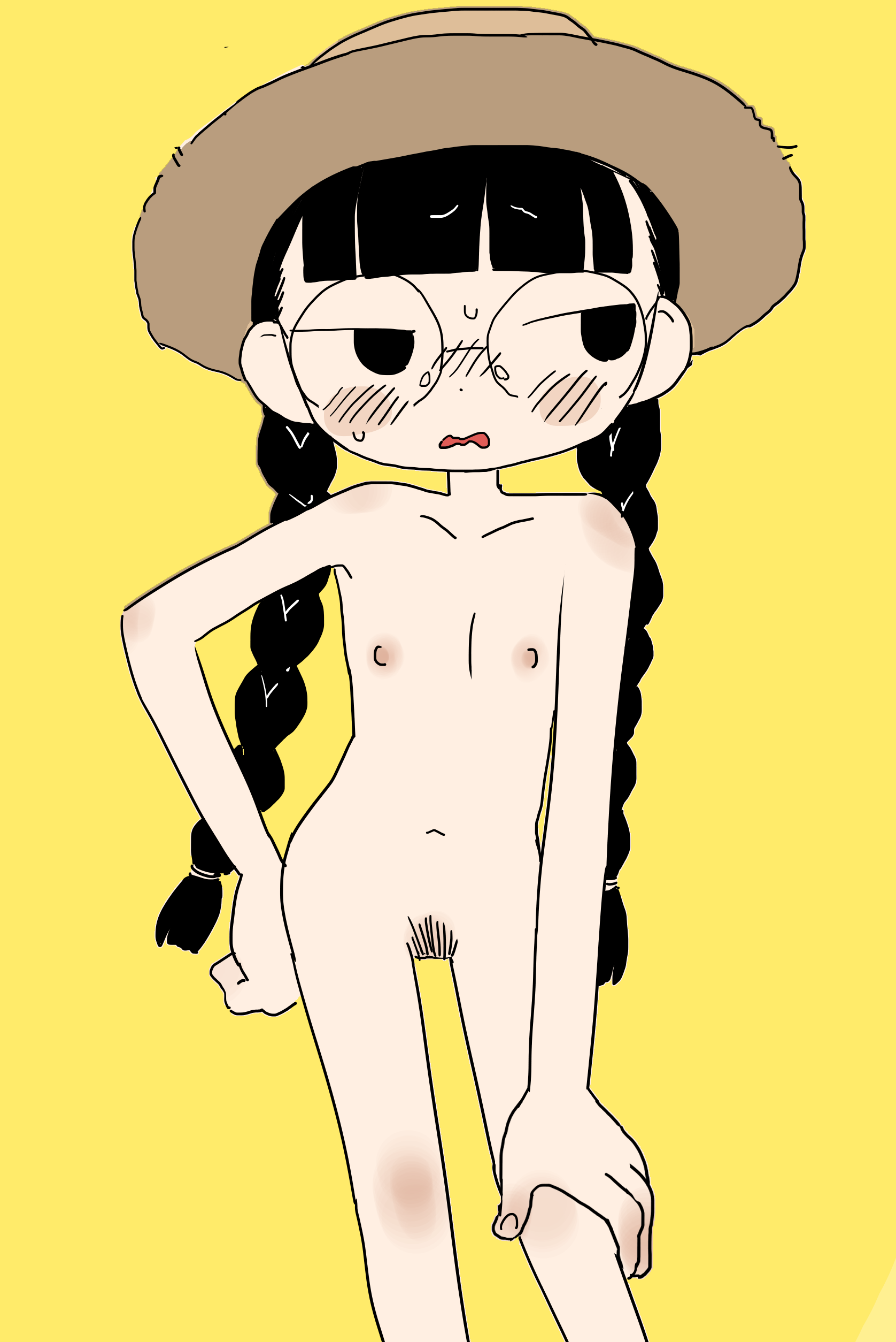 ikuta semi, original, absurdres, highres, blunt bangs, blush, deformed, female pubic hair, flat chest, glasses, hat, nipples, nude, pubic hair, sweat, upper body