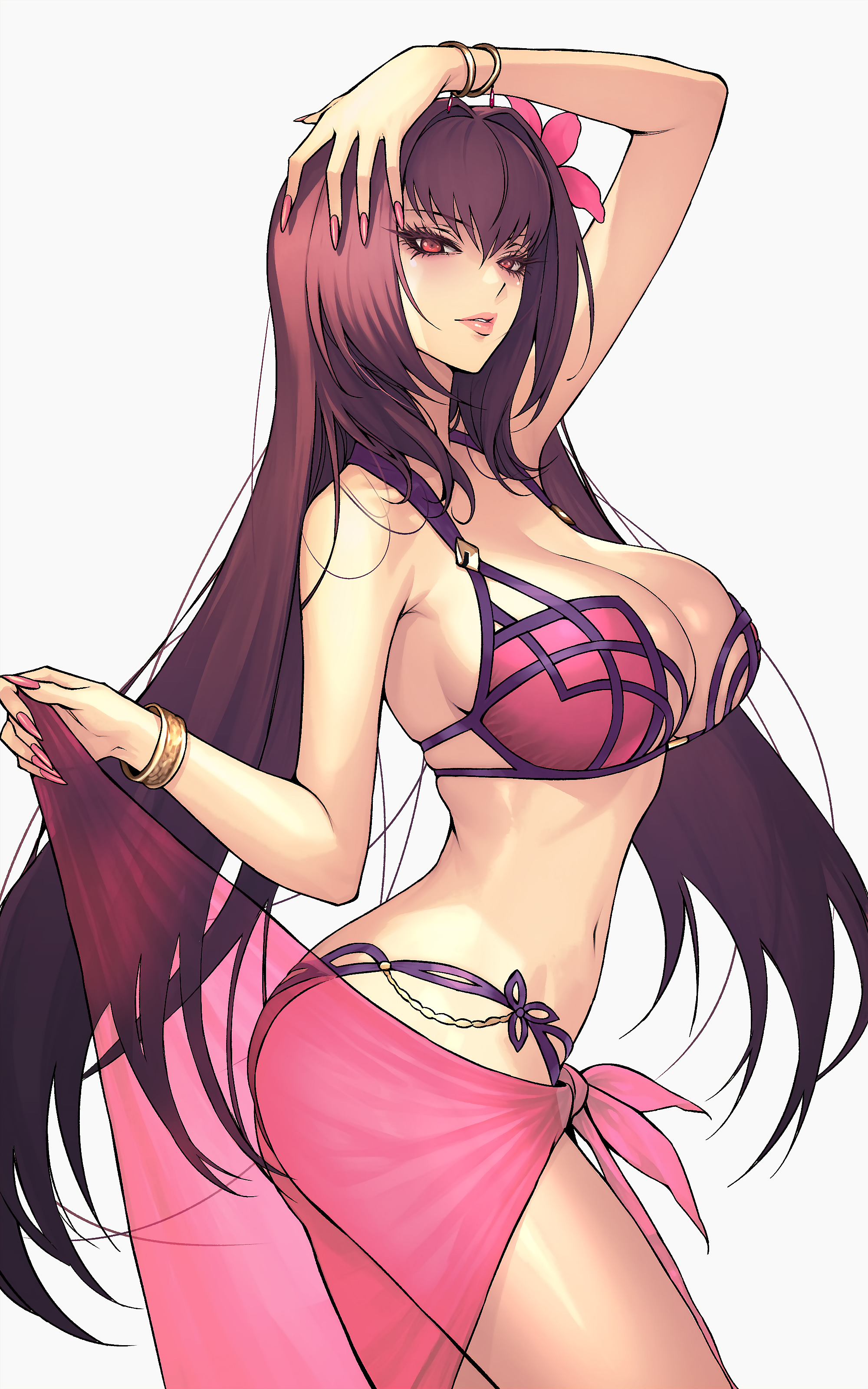 dynamitenatalia, scathach (fate), scathach (fate/grand order), scathach (swimsuit assassin) (fate), fate/grand order, fate (series), absurdres, highres, 1girl, arm up, bare shoulders, bikini, blush, bracelet, breasts, cleavage, flower, hair between eyes, hair flower, hair ornament, hibiscus, jewelry, large breasts, long hair, looking at viewer, navel, purple bikini, purple hair, red eyes, sarong, solo, swimsuit, thighs