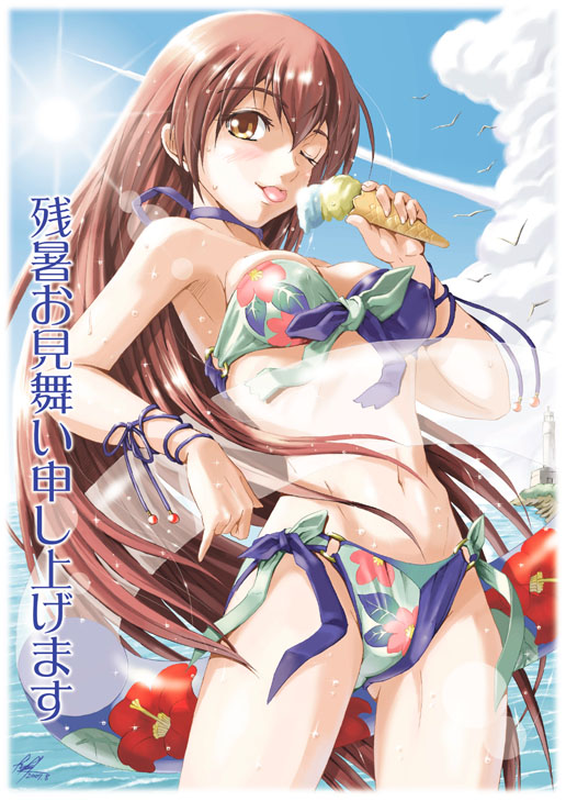 yuu (yuyukaikan), original, 1girl, bikini, brown eyes, brown hair, choker, cloud, day, female focus, flower, food, ice cream, innertube, long hair, looking at viewer, navel, one eye closed, sky, solo, sun, swim ring, swimsuit, tongue, water, wink