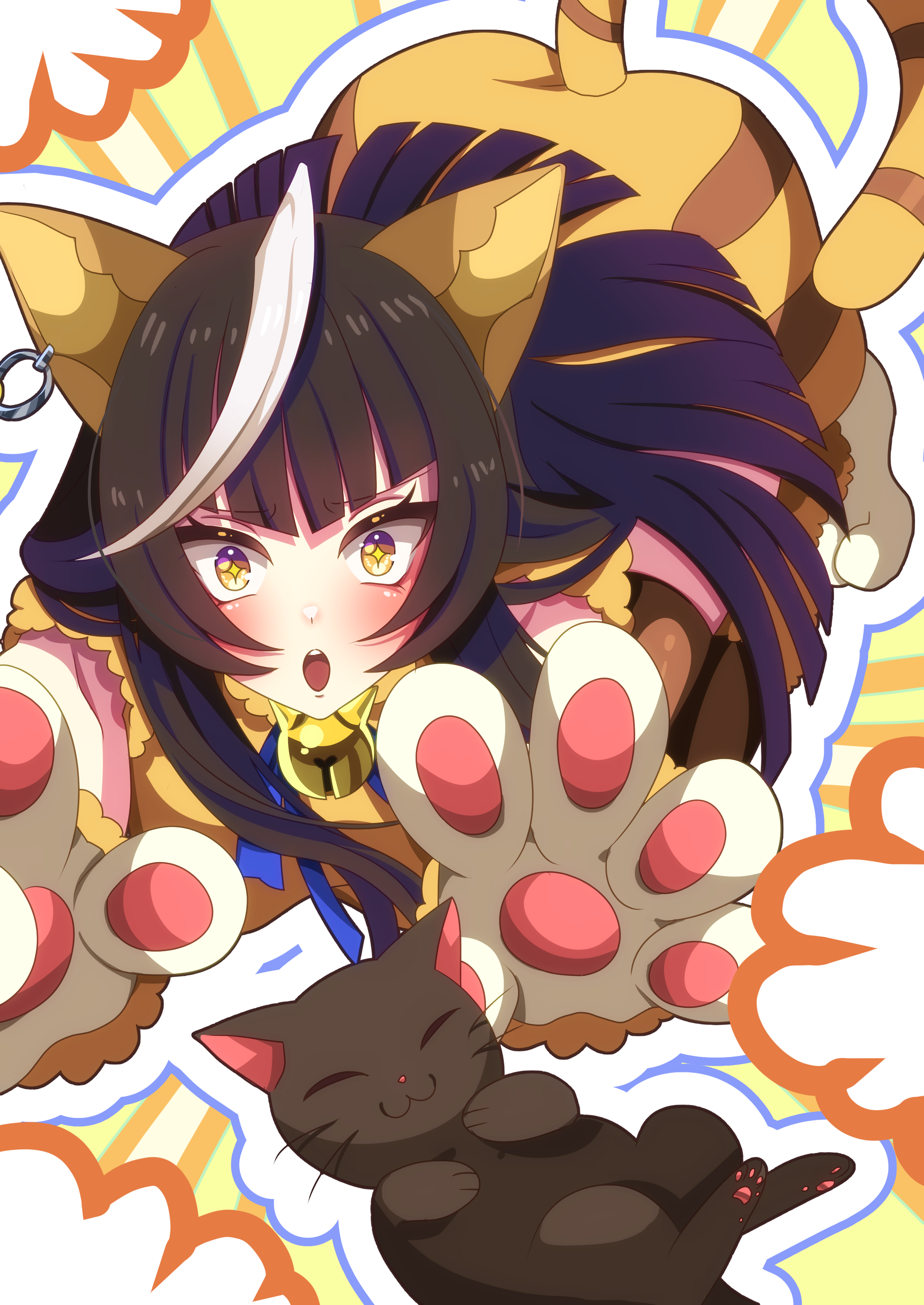 itsuki keiichi, calstone light o (umamusume), umamusume, absurdres, commentary request, highres, + +, 1girl, :3, ahoge, all fours, animal costume, animal ears, animal hands, bell, black cat, black hair, blush, cat, cat ears, cat tail, closed eyes, facing viewer, fake animal ears, gloves, horse girl, long hair, looking at animal, neck bell, neck ribbon, official alternate costume, open mouth, outline, paw gloves, pawpads, ribbon, sidelocks, solo, sunburst, sunburst background, tail, whiskers