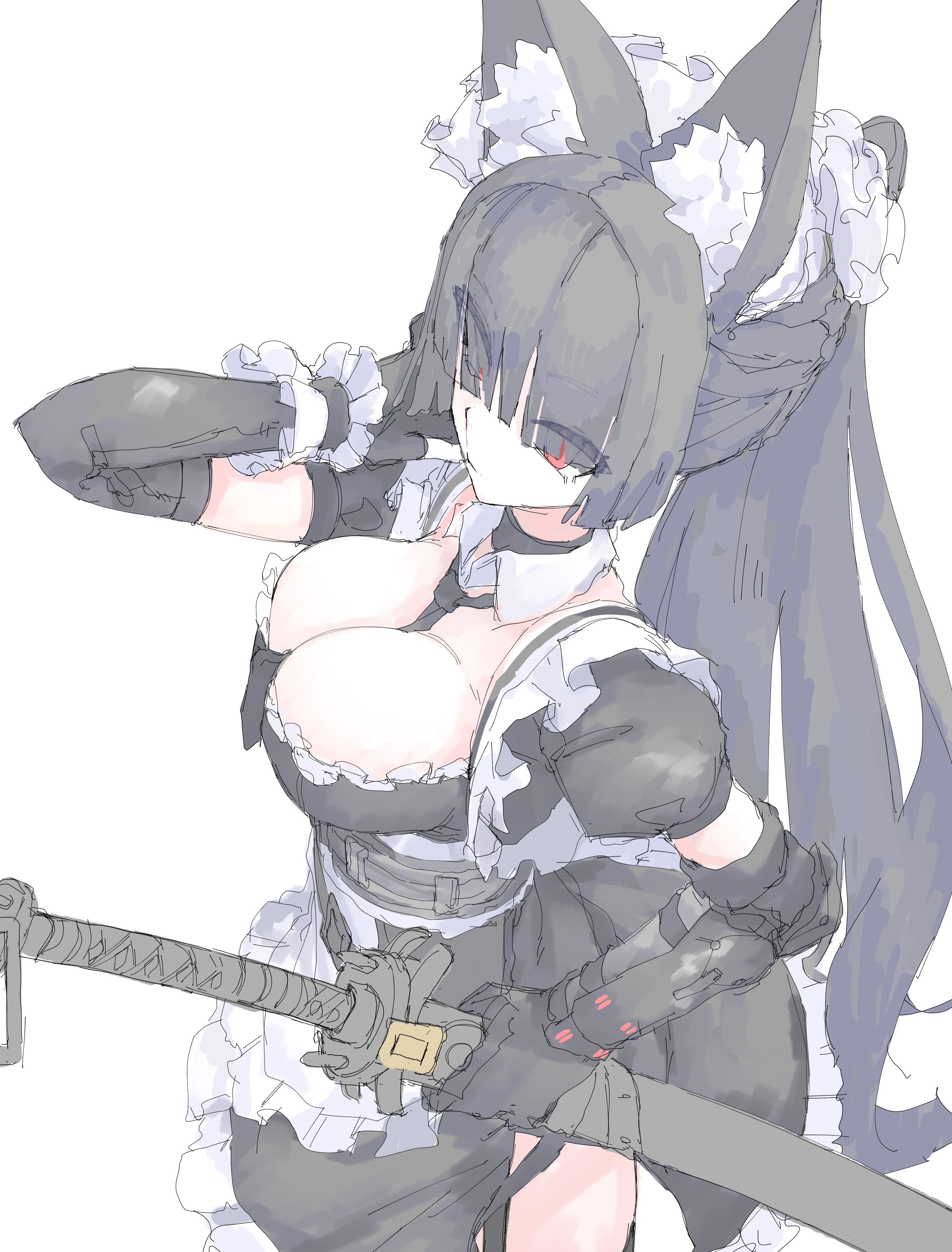 mocamocaink, hoshimi miyabi, zenless zone zero, absurdres, highres, 1girl, animal ear fluff, animal ears, apron, belt, black dress, black hair, black necktie, breasts, closed mouth, clothing cutout, detached sleeves, dress, fingerless gloves, fox ears, fox girl, from side, gauntlets, gloves, hair over eyes, hand on own head, holding, holding sword, holding weapon, katana, large breasts, long hair, looking to the side, maid, maid headdress, necktie, red eyes, side cut, single fingerless glove, single gauntlet, solo, sword, thigh cutout, weapon, white apron, white background