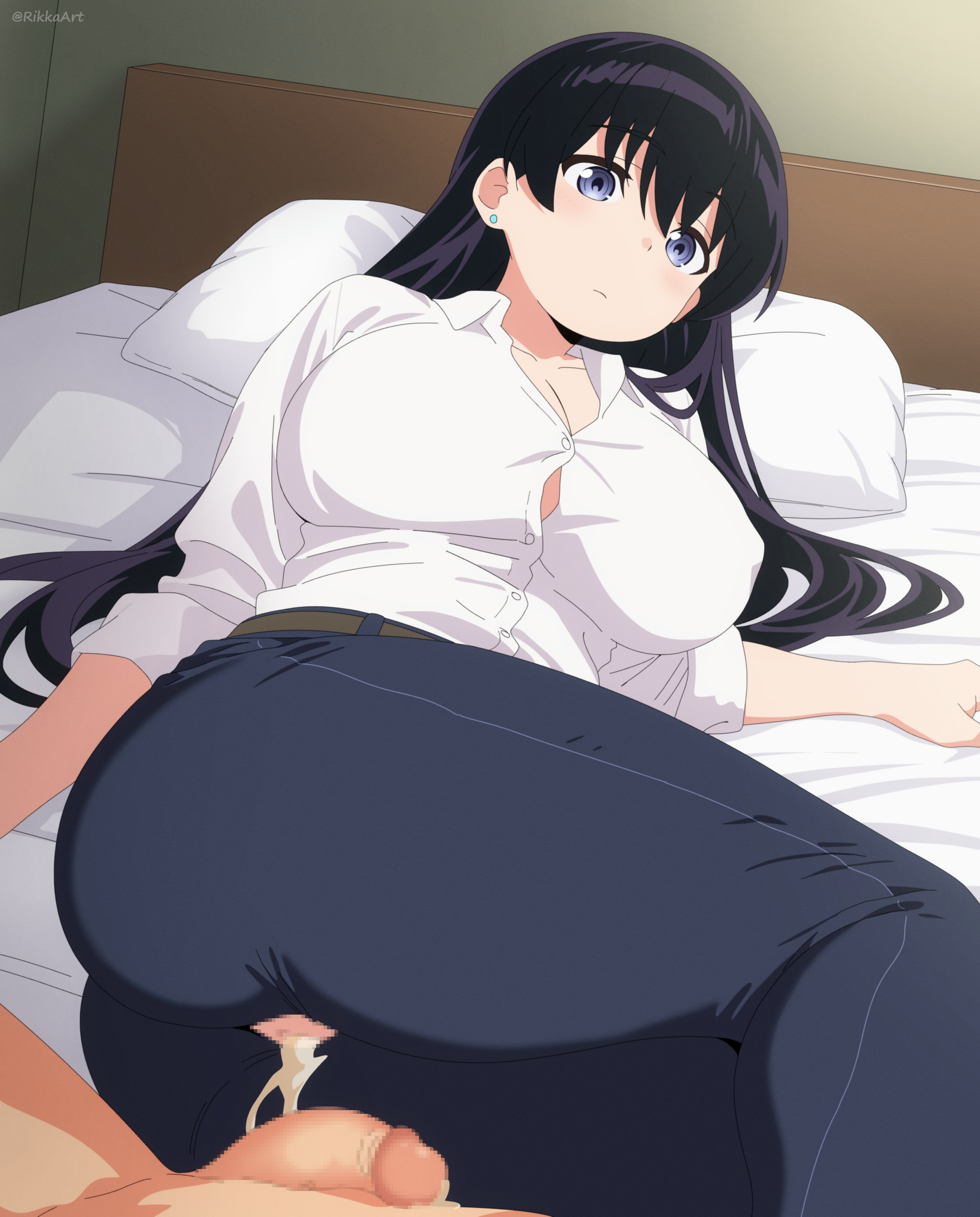 rikka (rikkaarts), arato nagi, ruri no houseki, absurdres, commentary request, highres, 1boy, 1girl, after vaginal, aftersex, bed, black hair, black pants, blue eyes, breasts, button gap, censored, closed mouth, clothed female nude male, cum, cum in pussy, flaccid, hetero, large breasts, long hair, lying, mosaic censoring, nude, on bed, on side, pants, penis, pillow, shirt, solo focus, torn clothes, torn pants, white shirt