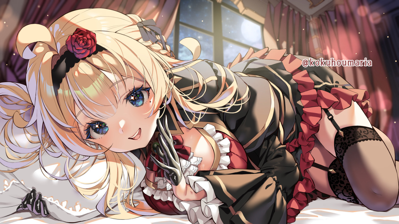 kink (tortoiseshell), indie virtual youtuber, commentary request, 1girl, :d, ahoge, black dress, black garter straps, black gloves, black hairband, black ribbon, black thighhighs, blonde hair, blue eyes, blurry, blurry background, braid, cleavage cutout, clothing cutout, curtains, dress, flower, frilled dress, frilled sleeves, frills, garter straps, gloves, hair between eyes, hair flower, hair ornament, hair ribbon, hairband, hands up, head on pillow, indoors, kokuhou maria, lace, lace-trimmed thighhighs, lace trim, light blush, long hair, long sleeves, lying, mole, mole under eye, night, on bed, on side, open mouth, pillow, red flower, red rose, ribbon, rose, short dress, smile, solo, sparkling eyes, straight hair, teeth, thighhighs, twitter username, upper teeth only, wide sleeves, window, zettai ryouiki