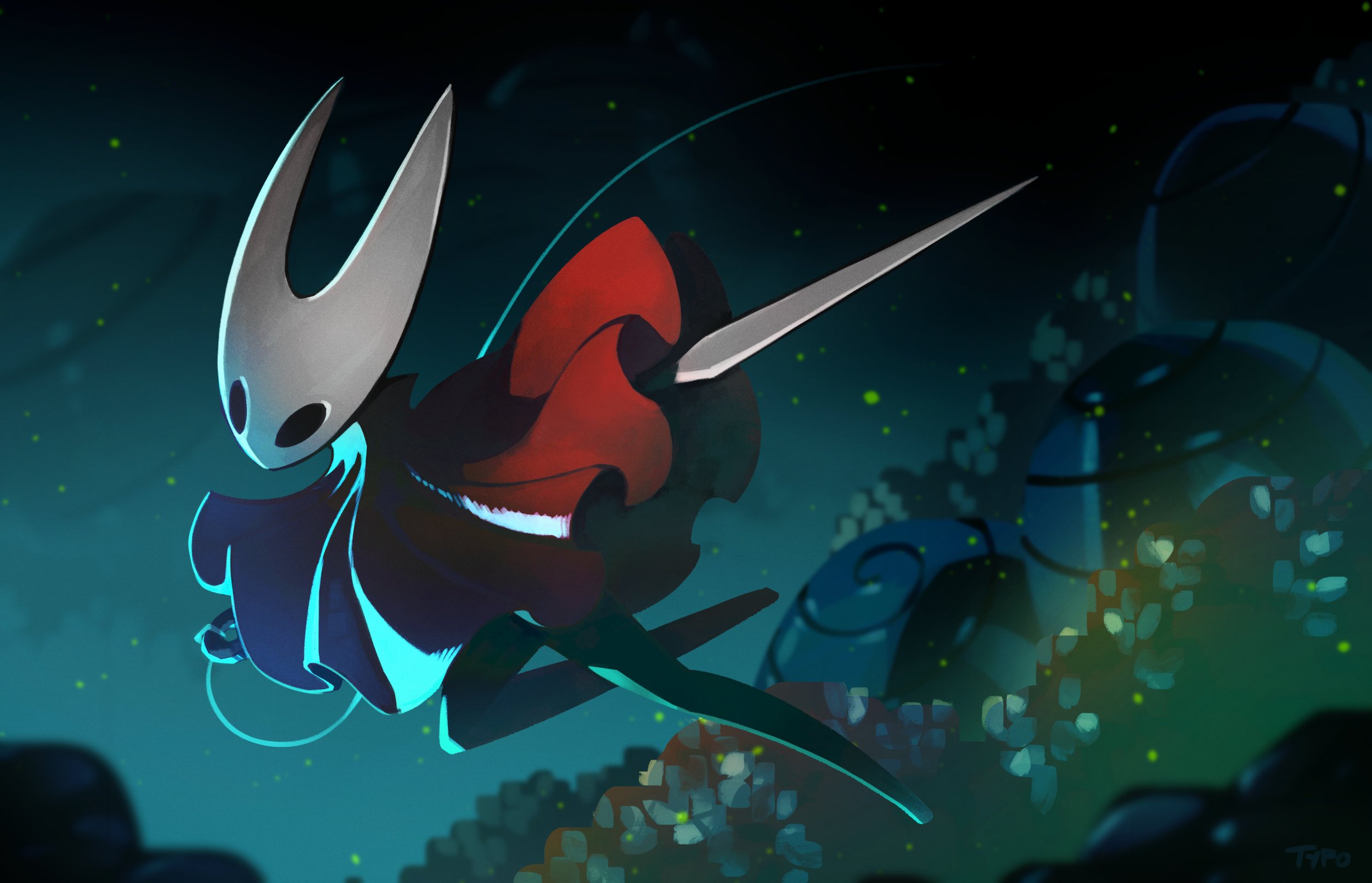 optionaltypo, hornet (hollow knight), hollow knight, hollow knight: silksong, highres, 1girl, arthropod girl, artist name, black eyes, black skin, blurry, blurry foreground, cloak, colored skin, horned mask, mask, needle (hollow knight), red cloak, running, solo, weapon, white mask