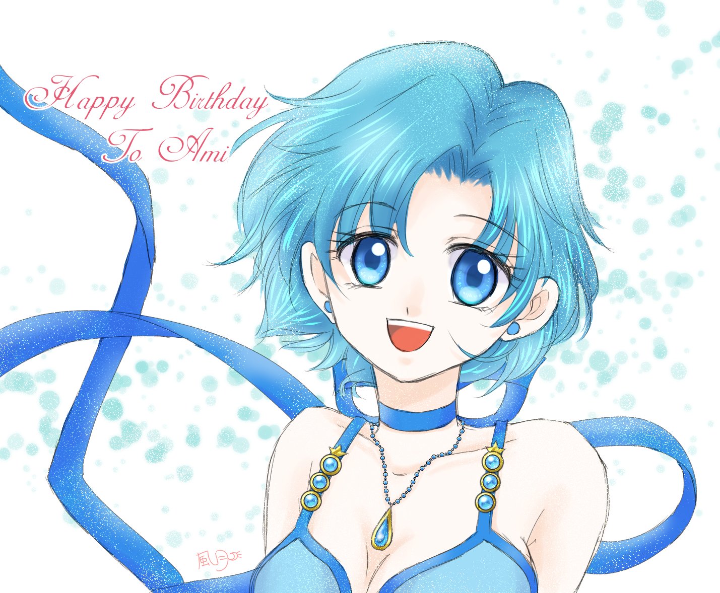 fuzuki (pri fuhki), mizuno ami, princess mercury, bishoujo senshi sailor moon, 1girl, blue dress, blue gemstone, breasts, cleavage, collarbone, dress, earrings, gem, jewelry, necklace, parted bangs, smile, solo, stud earrings, white background