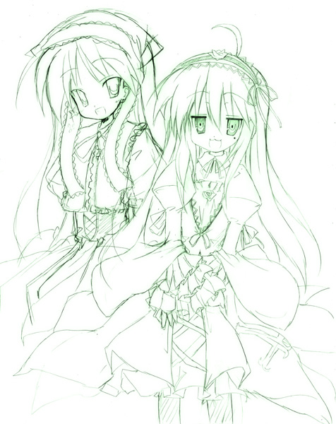 sen (astronomy), hiiragi kagami, izumi konata, suigintou, suiseiseki, lucky star, rozen maiden, 2girls, cosplay, green theme, mole, mole under eye, monochrome, multiple girls, suigintou (cosplay), suiseiseki (cosplay)