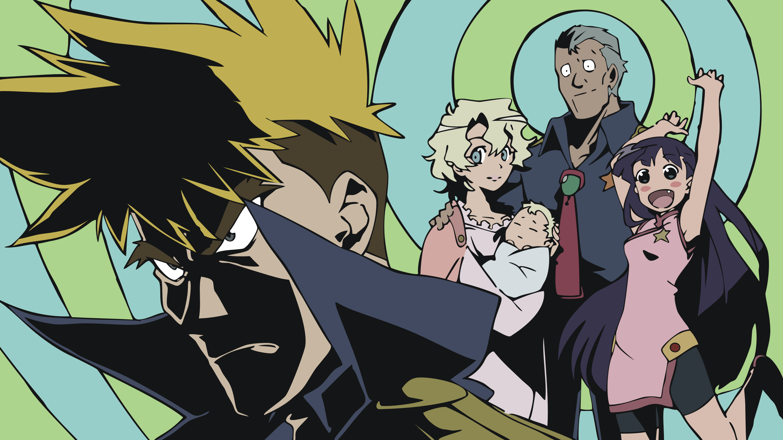 dayakka, kittan bachika, kiyal bachika, kiyoh bachika, tengen toppa gurren lagann, derivative work, highres, vector trace, 00s, 2boys, 3girls, baby, family, multiple boys, multiple girls