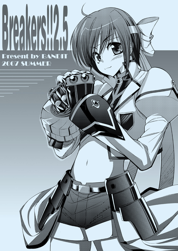 kawakami shuuichi, shu (artist), revolver knuckle, subaru nakajima, lyrical nanoha, mahou shoujo lyrical nanoha, mahou shoujo lyrical nanoha strikers, 00s, 1girl, 2007, blue theme, female focus, fingerless gloves, gauntlets, gloves, magical girl, midriff, monochrome, single fingerless glove, single gauntlet, solo, waist cape