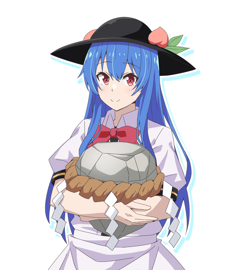 to~fuya, hinanawi tenshi, touhou, commentary request, 1girl, black hat, blue hair, bow, bowtie, closed mouth, fruit hat ornament, hat, hat ornament, kaname-ishi, leaf hat ornament, long hair, looking at viewer, peach hat ornament, puffy short sleeves, puffy sleeves, red bow, red bowtie, red eyes, shirt, short sleeves, simple background, smile, solo, very long hair, white background, white shirt