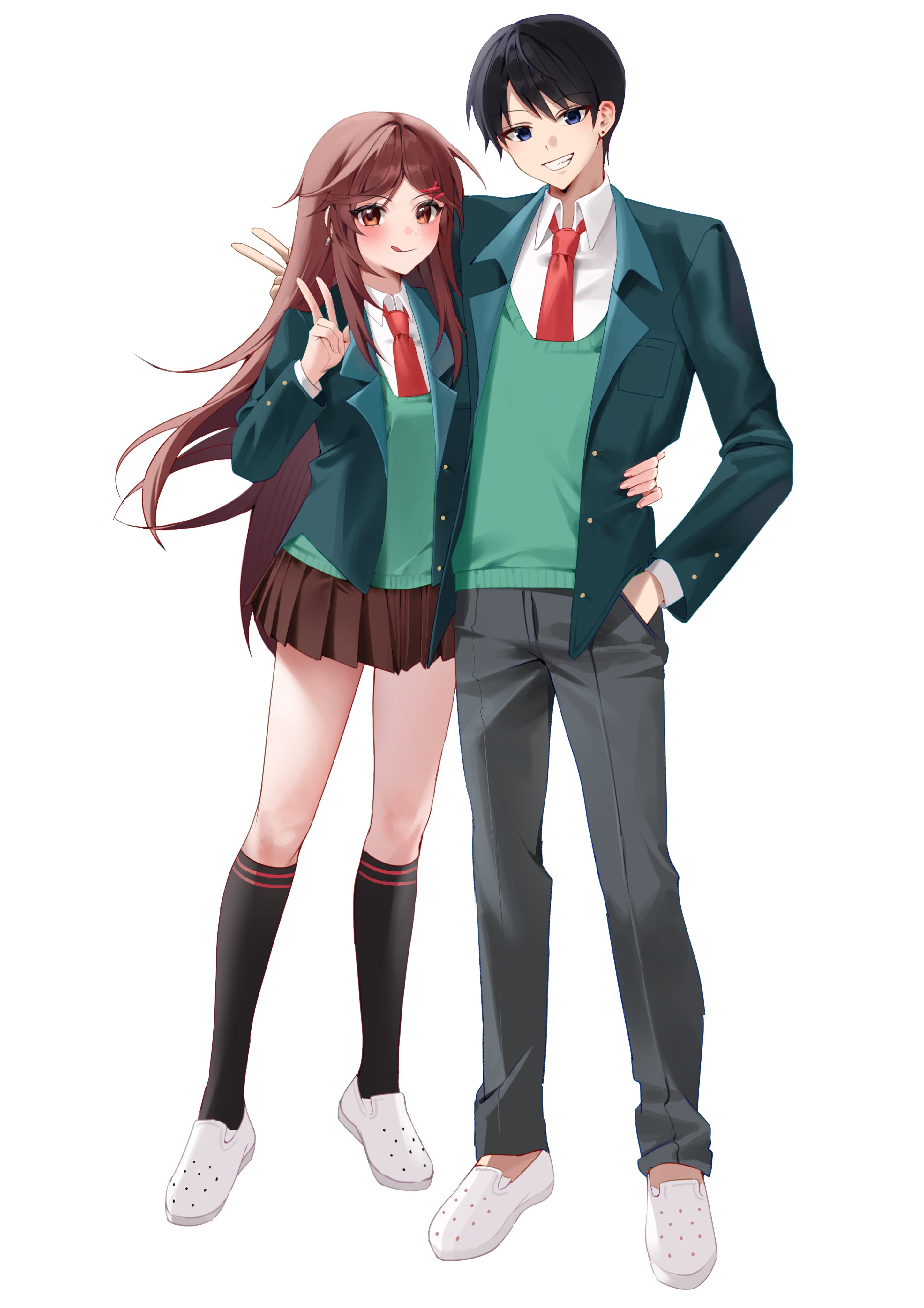 zombie high school, absurdres, highres, korean commentary, 1boy, 1girl, :q, black hair, black socks, blazer, blush, brown eyes, brown hair, brown skirt, collared shirt, full body, gim jun-ho, green jacket, grin, hair ornament, hairclip, hand in pocket, jacket, jeong ye-seul, kneehighs, long hair, long sleeves, looking at viewer, miniskirt, necktie, open clothes, open jacket, pants, pleated skirt, red necktie, rkgk ymmm, school uniform, shirt, shoes, short hair, simple background, skirt, slippers, smile, socks, standing, sweater vest, tongue, tongue out, v, very long hair, vest, white background, white shirt