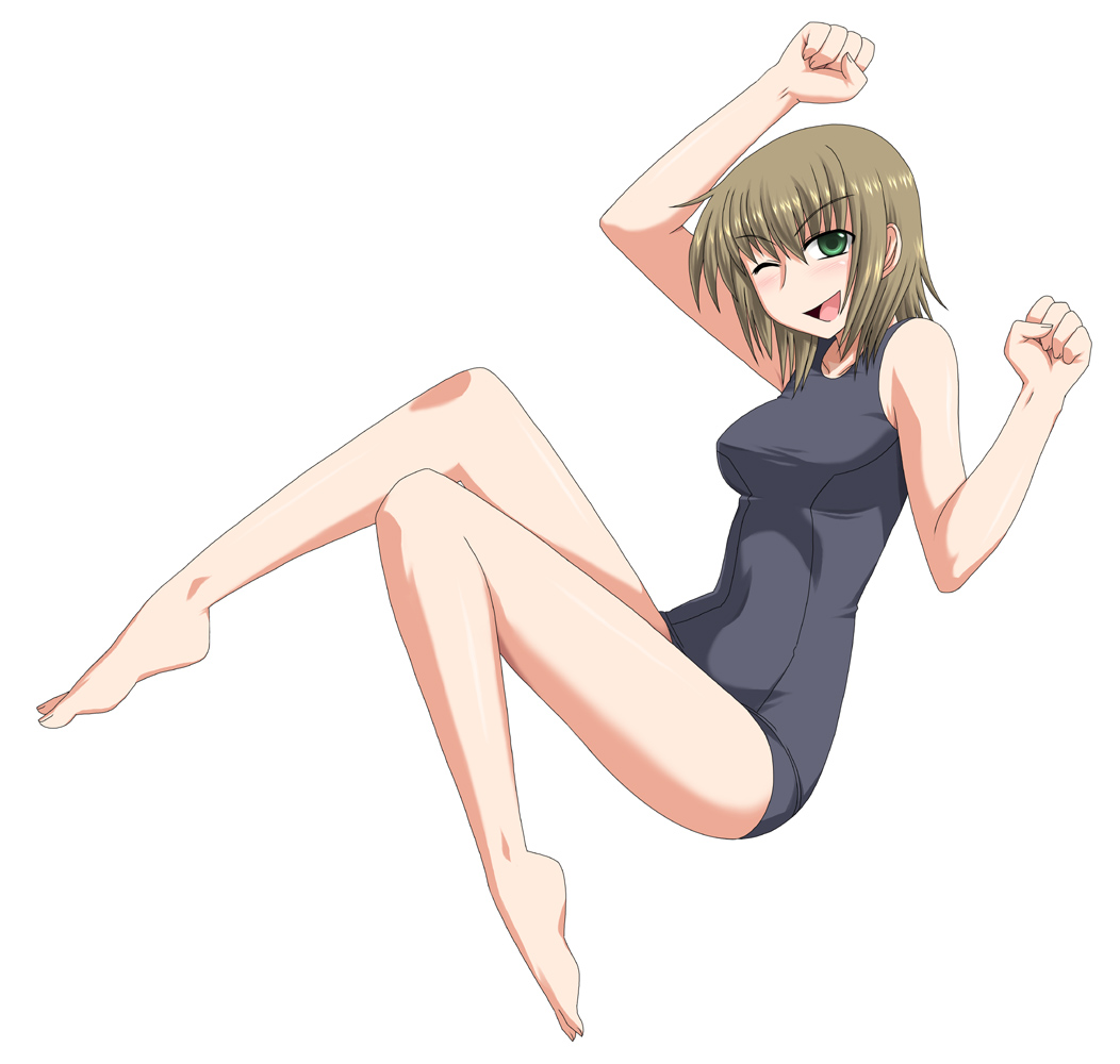 katwu (gensou ninja yashiki), satou sei, maria-sama ga miteru, 00s, 1girl, barefoot, black one-piece swimsuit, blonde hair, feet, female focus, one-piece swimsuit, one eye closed, school swimsuit, smile, solo, swimsuit, wink