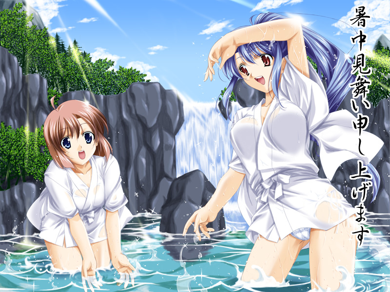 sakuragi hiroyuki, original, japanese clothes, kimono, panties, underwear, water, waterfall, yukata
