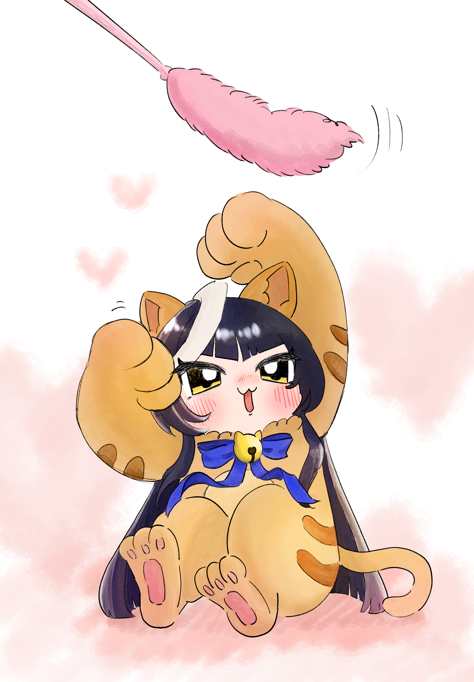 calstone light o (umamusume), umamusume, commentary request, highres, 1girl, animal costume, animal ears, animal hands, arms up, bell, black hair, blush, bow, bowtie, campane33333, cat ears, cat paws, cat tail, cat teaser, chibi, chibi only, fake animal ears, heart, heart background, horse girl, long hair, looking at object, motion lines, neck bell, official alternate costume, open mouth, pawpads, sitting, solo, straight-on, tail, white background, yellow eyes