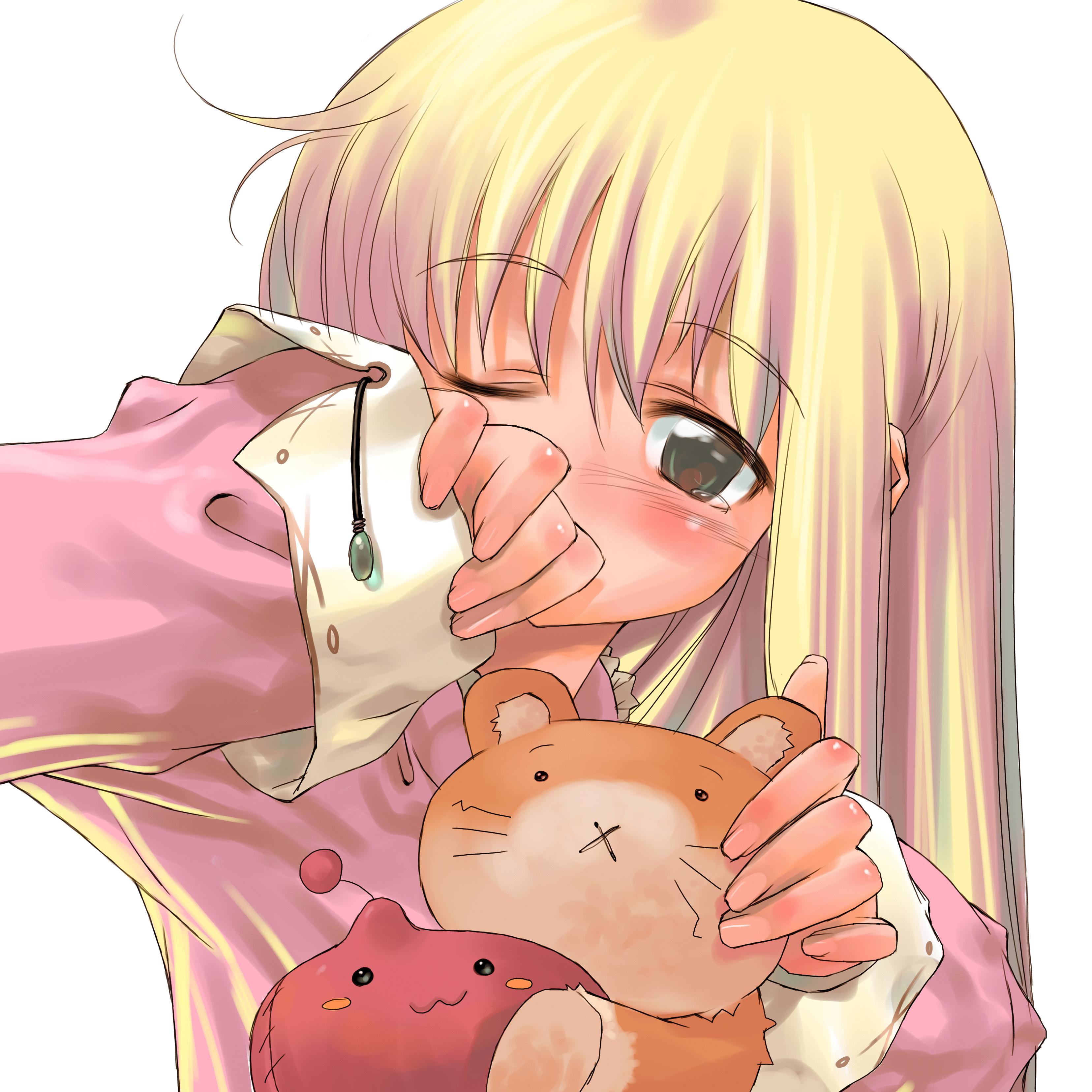 morii shizuki, ragnarok online, eyebrows, absurdres, highres, 1girl, ;o, blonde hair, blush, brown eyes, covering own mouth, female focus, long sleeves, looking at viewer, one eye closed, parted lips, simple background, sleepy, solo, stuffed animal, stuffed toy, upper body, whiskers, white background