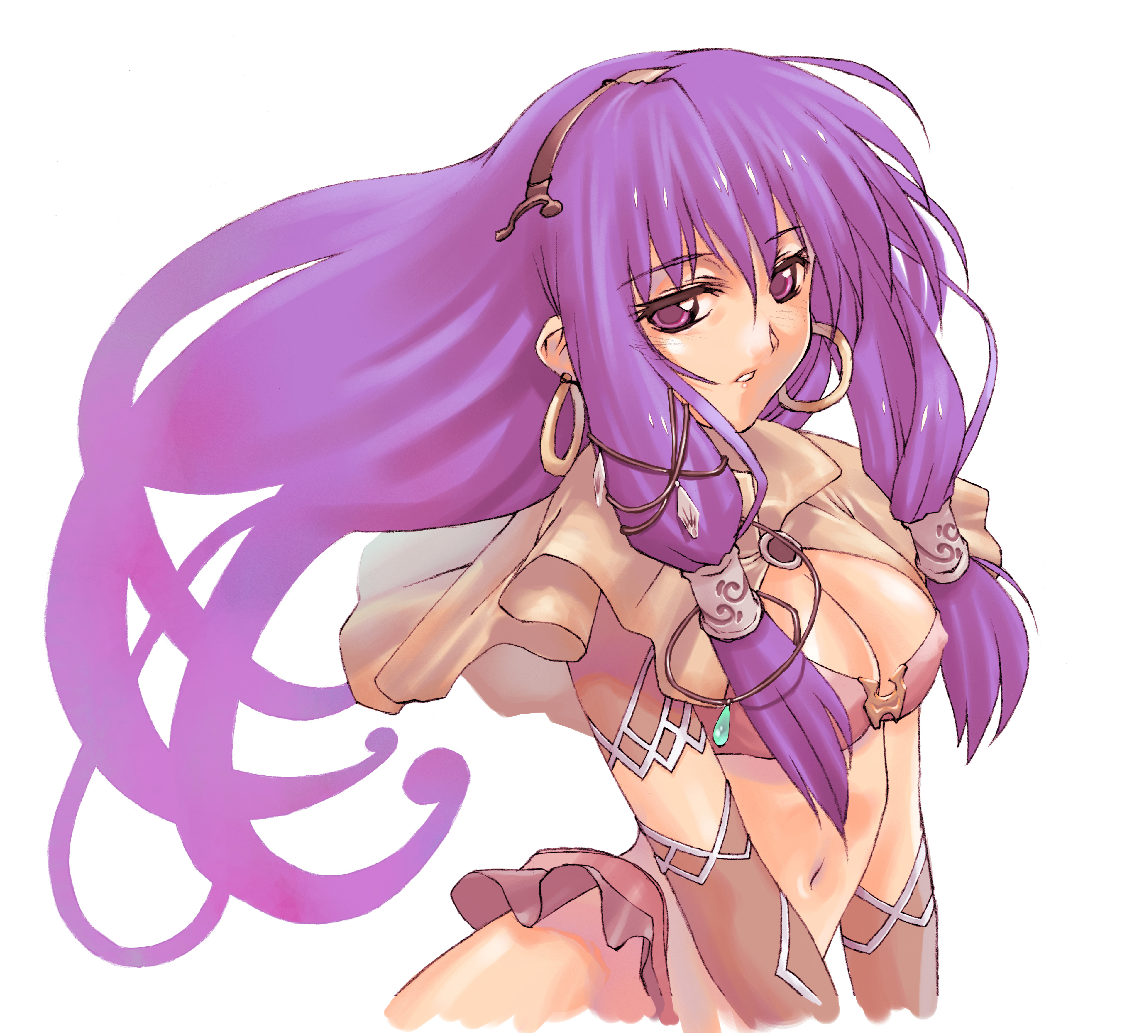 morii shizuki, mage (ragnarok online), ragnarok online, absurdres, highres, 1girl, breasts, cleavage, earrings, eyelashes, female focus, hoop earrings, jewelry, long hair, purple hair, simple background, solo, very long hair, white background
