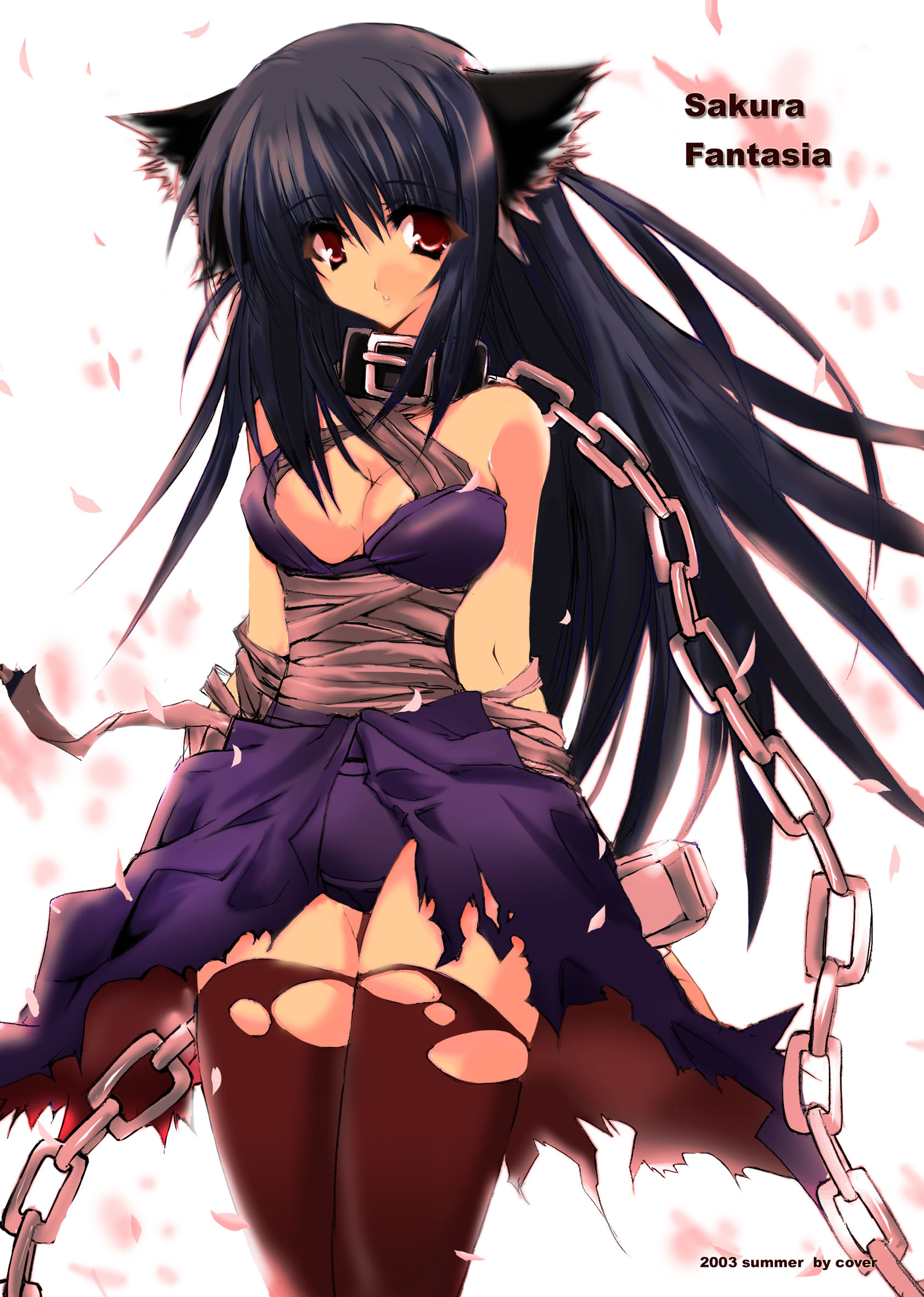 assassin (ragnarok online), ragnarok online, highres, 1girl, animal ears, assassin, bandages, breasts, cat ears, chain, cleavage, collar, female focus, large breasts, red eyes, solo, thighhighs, torn clothes, torn thighhighs
