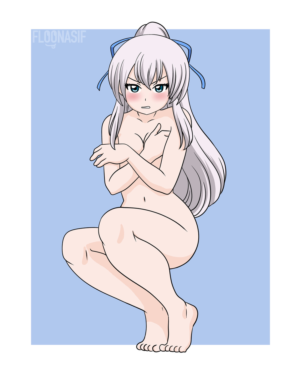 floonasif, original, commentary, english commentary, highres, 1girl, angry, artist logo, artist name, barefoot, blue bow, blush, borrowed character, bow, breasts, collarbone, completely nude, covering breasts, covering privates, embarrassed, full body, green eyes, irina (zephros542), logo, long hair, looking at viewer, navel, nude, ponytail, teeth, tiptoes, very long hair, white hair
