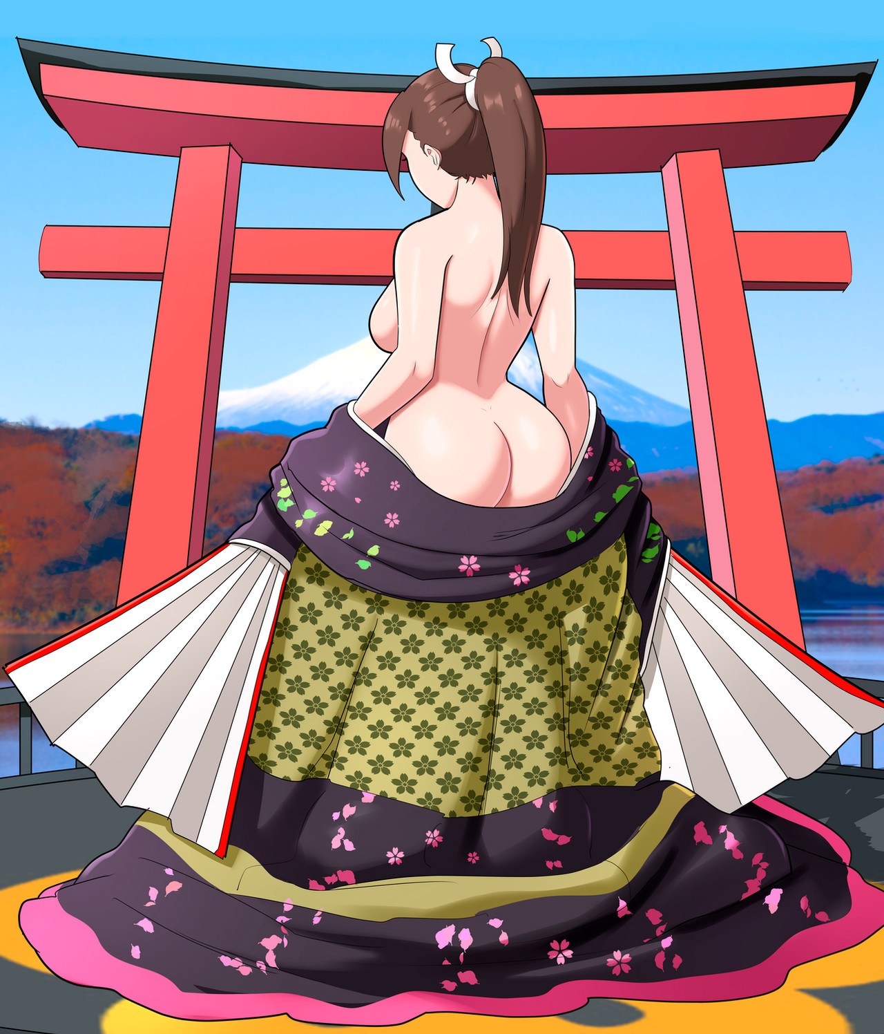 assentlov, shiranui mai, fatal fury, highres, 1girl, ass, back, blue sky, breasts, brown eyes, brown hair, butt crack, completely nude, floral print, flower, folding fan, from behind, hand fan, high ponytail, holding, japan, japanese clothes, kimono, landscape, large breasts, logo, long hair, mount fuji, mountain, nude, ponytail, shinto, sky, solo, undressing, water