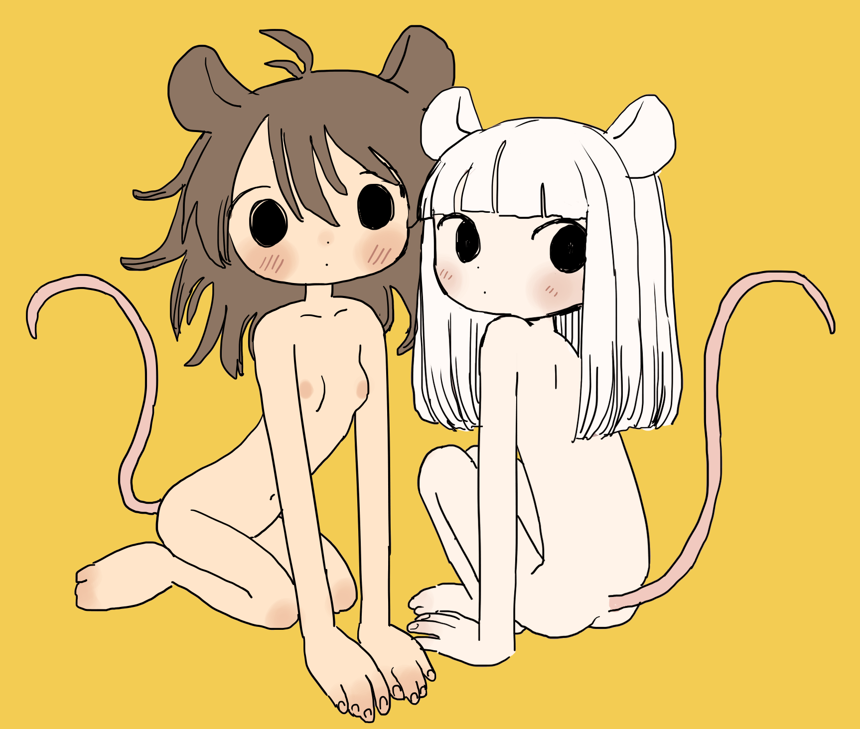 ikuta semi, original, highres, 2girls, animal ears, blunt bangs, blush, brown hair, looking at viewer, mouse ears, mouse girl, mouse tail, multiple girls, tail, white hair