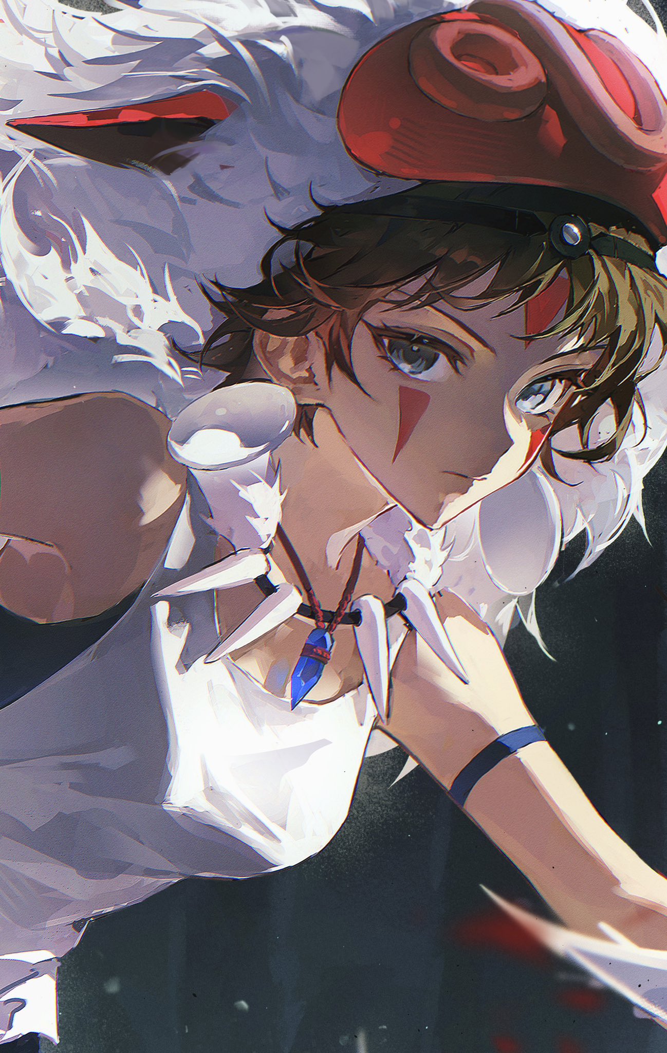 san (mononoke hime), mononoke hime, highres, 1girl, arm strap, bare arms, bare shoulders, black background, blue eyes, breasts, brown hair, closed mouth, earrings, eyelashes, facepaint, facial mark, headband, jewelry, looking at viewer, mosory, necklace, shirt, short hair, sleeveless, sleeveless shirt, solo, tank top, tooth necklace, upper body, white shirt, white tank top