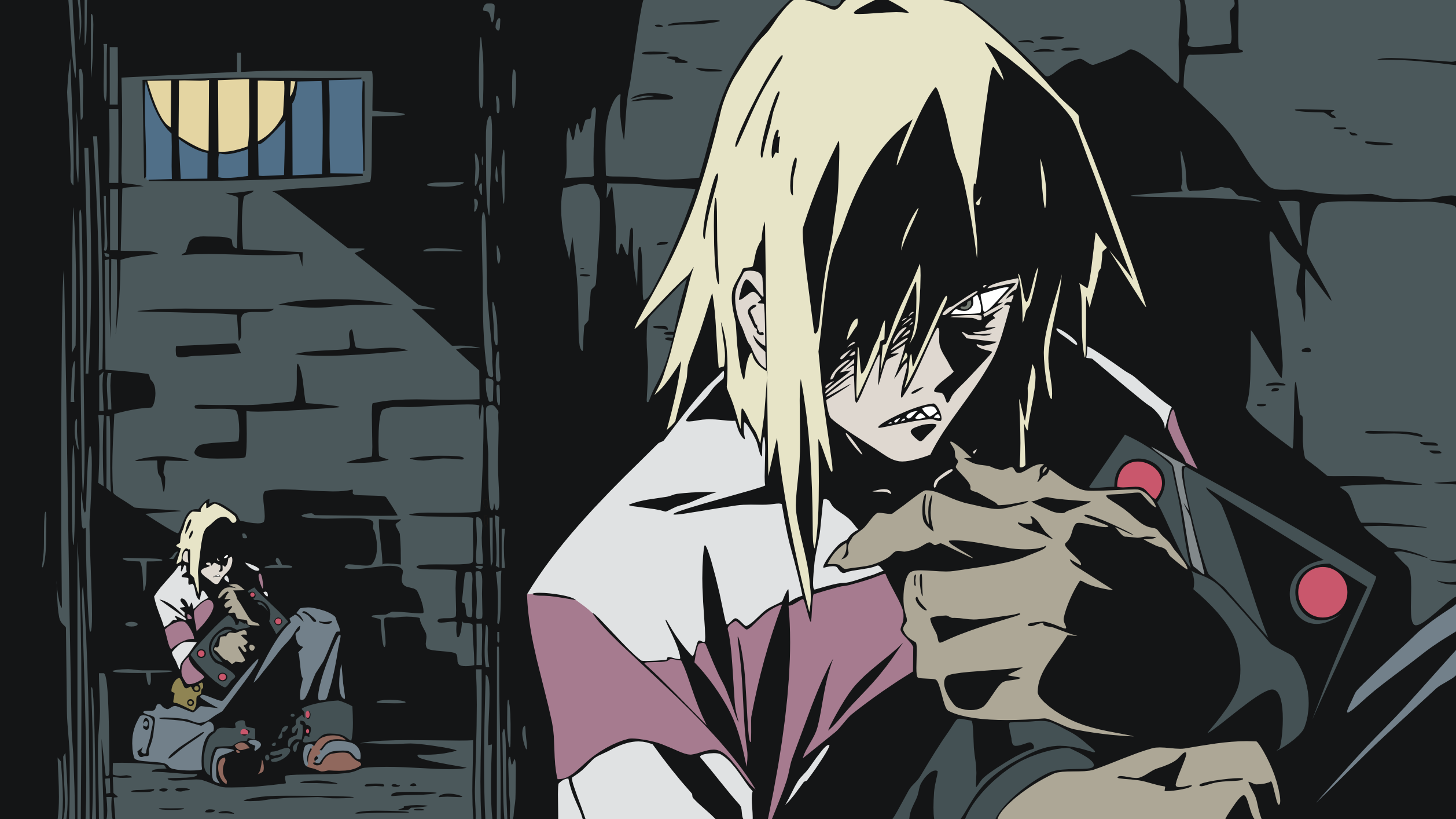 viral (ttgl), tengen toppa gurren lagann, derivative work, highres, vector trace, 00s, 1boy, barred window, bars, blonde hair, brick wall, cuffs, full moon, hair over one eye, handcuffs, male focus, moon, prison, prison cell, prison clothes, shackles, solo, stocks, teeth