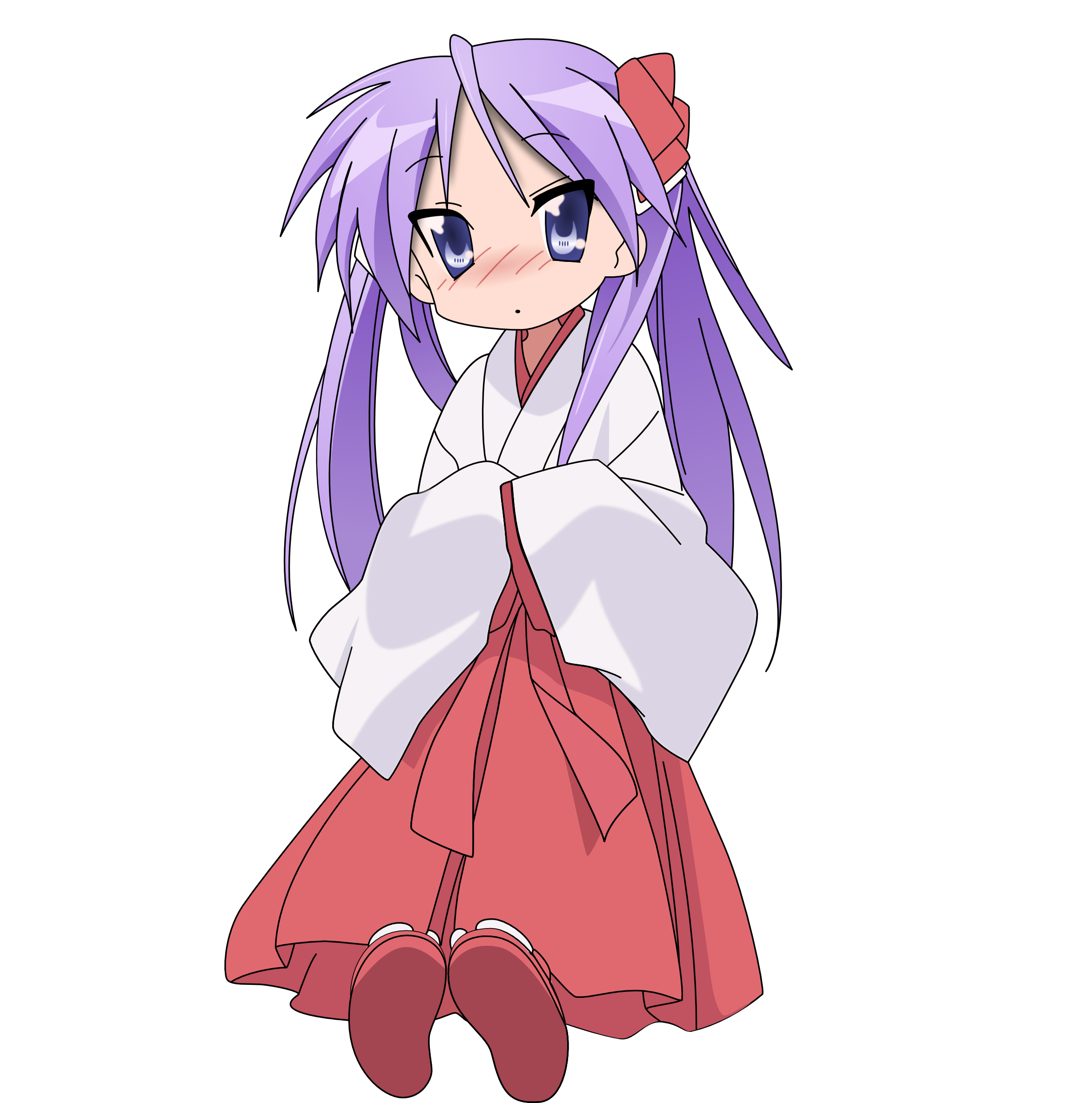 hiiragi kagami, lucky star, derivative work, highres, vector trace, 00s, 1girl, blue eyes, blush, female focus, full body, hakama, hakama skirt, japanese clothes, long hair, miko, purple hair, red hakama, skirt, solo, transparent background, twintails