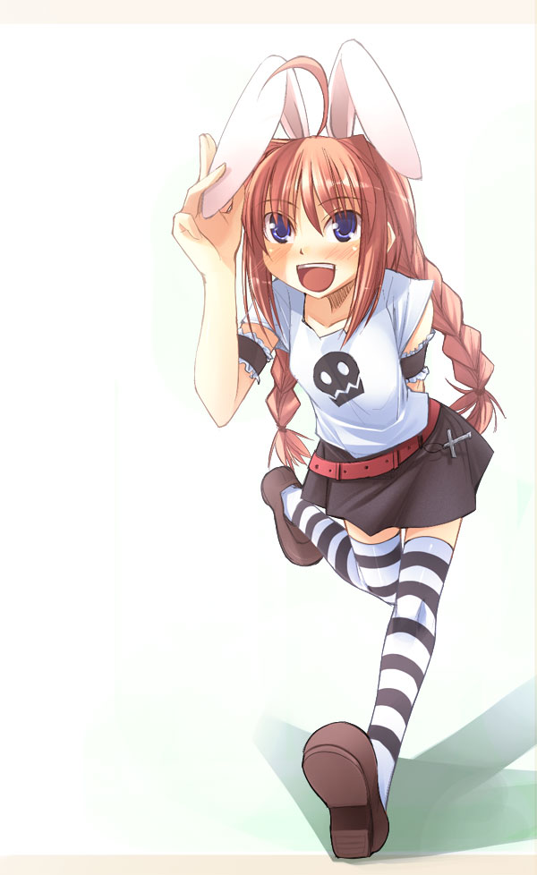 jirou (chekoro), vita (nanoha), lyrical nanoha, mahou shoujo lyrical nanoha, mahou shoujo lyrical nanoha a's, 00s, 1girl, animal ears, female focus, rabbit ears, shirt, solo, striped clothes, striped thighhighs, t-shirt, thighhighs, zettai ryouiki