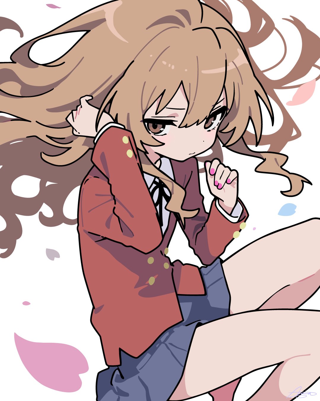 ameniwa, aisaka taiga, toradora!, commentary, english commentary, highres, 1girl, black ribbon, blazer, blue skirt, brown eyes, brown hair, closed mouth, collared shirt, dot nose, falling petals, feet out of frame, fingernails, floating hair, hair between eyes, jacket, long hair, long sleeves, looking at viewer, nail polish, neck ribbon, oohashi high school uniform, petals, pink nails, pleated skirt, red jacket, ribbon, school uniform, shirt, simple background, skirt, solo, white background, white shirt
