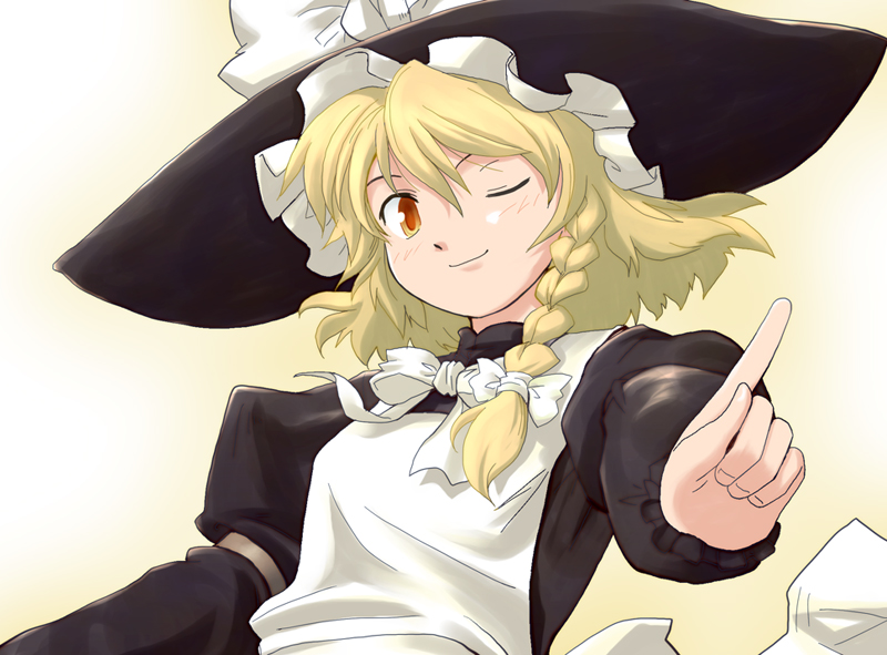 haniwa, haniwa (leaf garden), kirisame marisa, touhou, 1girl, ;), apron, black hat, black shirt, blonde hair, blush, bow, braid, closed mouth, female focus, from below, hair between eyes, hair bow, hat, hat bow, long sleeves, looking at viewer, one eye closed, orange eyes, shirt, single braid, smile, solo, upper body, white apron, white bow, witch hat, yellow background