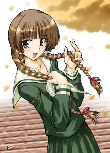 marui, shimazu yoshino, maria-sama ga miteru, 00s, 1girl, :d, autumn leaves, blush, braid, brown eyes, brown hair, collarbone, cowboy shot, dress, female focus, green dress, leaf, long sleeves, looking at viewer, neckerchief, open mouth, sailor collar, sailor dress, school uniform, serafuku, smile, solo, stairs, twin braids, white neckerchief