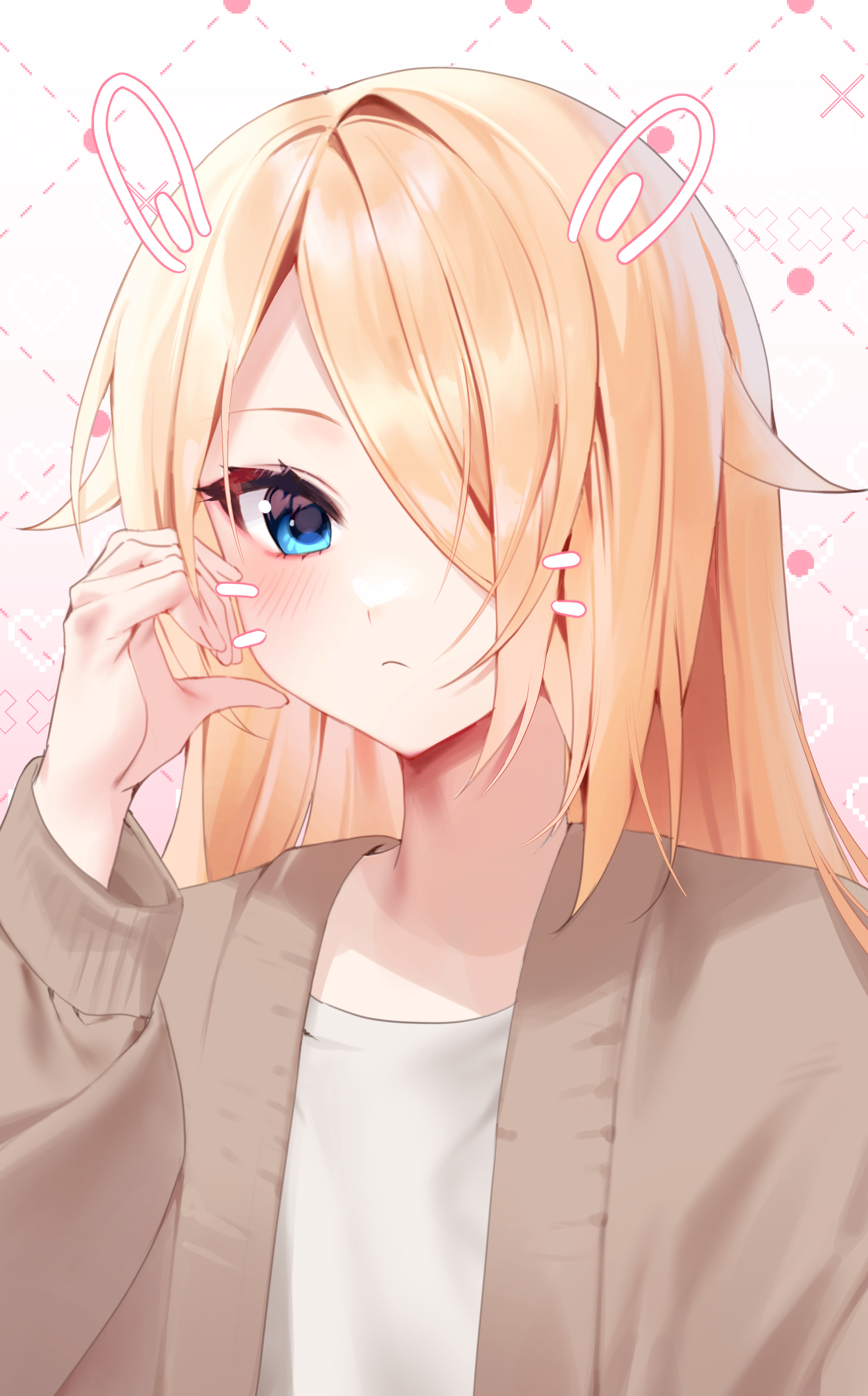 zombie high school, absurdres, highres, korean commentary, 1girl, blonde hair, blue eyes, blush, brown jacket, cardigan, closed mouth, go na-rae, hair over one eye, hand up, jacket, long hair, long sleeves, looking at viewer, open clothes, rkgk ymmm, shirt, solo, upper body, white shirt