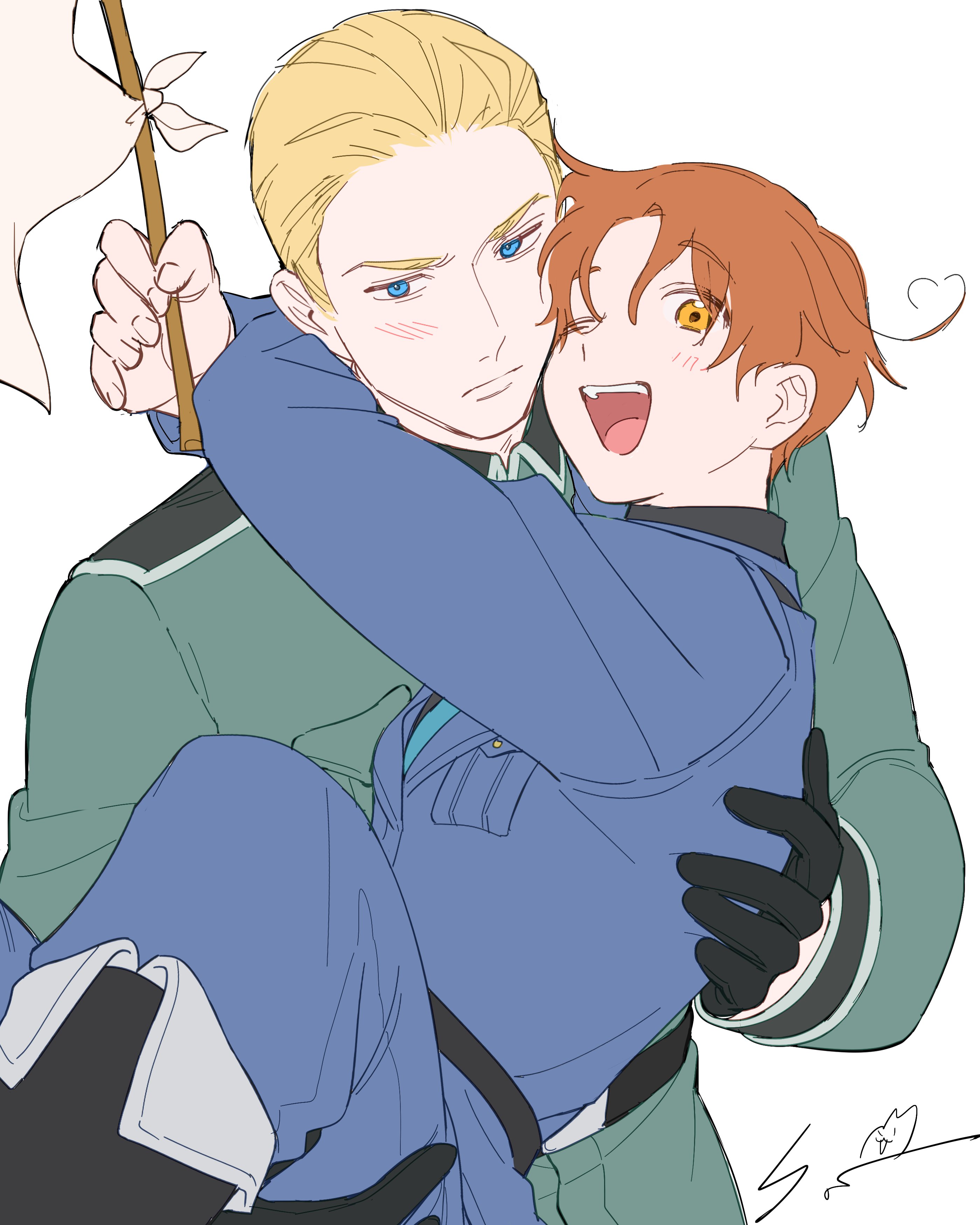 qia li, germany (hetalia), northern italy (hetalia), axis powers hetalia, absurdres, commentary request, highres, 2boys, ahoge, arm up, belt, black belt, black boots, black gloves, blonde hair, blue eyes, blue jacket, blue necktie, blue pants, blush, boots, breast pocket, carrying, closed mouth, collared jacket, fingernails, flag, gloves, green jacket, hair between eyes, heart, heart ahoge, holding, holding flag, hug, jacket, lapels, long sleeves, looking at viewer, male focus, military jacket, military uniform, multiple boys, necktie, one eye closed, open mouth, orange hair, pants, pocket, princess carry, short hair, signature, simple background, smile, teeth, tongue, v-shaped eyebrows, white background, white flag, yaoi, yellow eyes