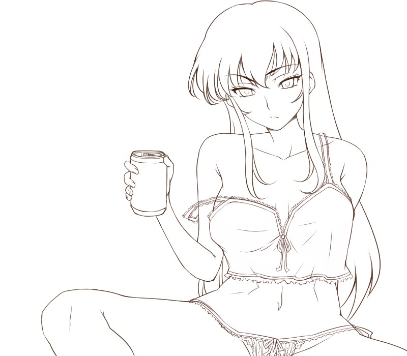 hairu, osakabe itoko, school rumble, 00s, 1girl, alcohol, beer, beer can, breasts, camisole, can, drink can, female focus, greyscale, lineart, long hair, looking at viewer, monochrome, nightgown, panties, simple background, solo, teacher, underwear, white background