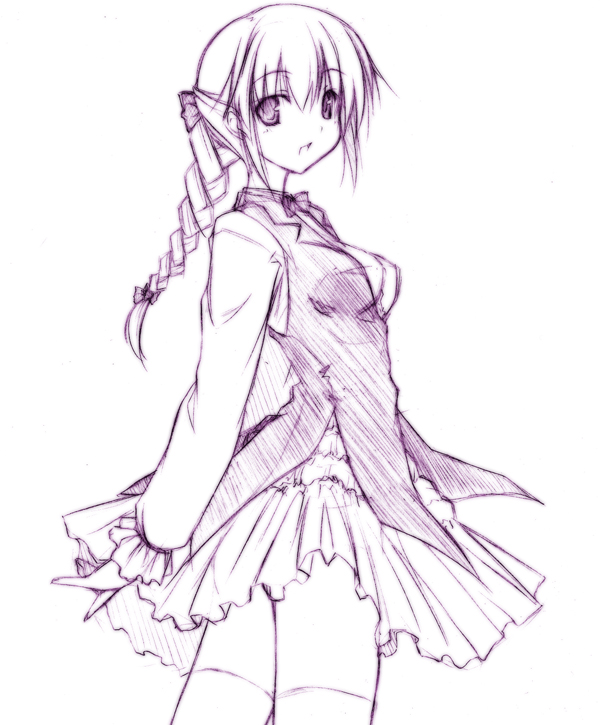 luna lia, arin (pangya), original, pangya, graphite (medium), traditional media, 1girl, female focus, monochrome, sketch, solo, thighhighs