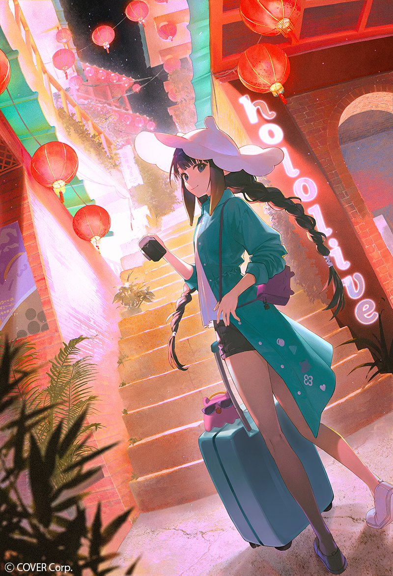 ninomae ina'nis (artist), ninomae ina'nis, takodachi (ninomae ina'nis), hololive, hololive english, commentary, english commentary, 1girl, alternate costume, aqua coat, bag, black shorts, blue eyes, braid, building, camera, closed mouth, coat, company name, copyright notice, dutch angle, from behind, gradient hair, hat, heel up, holding, holding camera, lantern, long hair, looking at viewer, low twin braids, multicolored hair, night, open clothes, open coat, open mouth, orange hair, outdoors, paper lantern, plant, purple hair, rolling suitcase, shirt, shoes, short shorts, shorts, shoulder bag, sidelocks, sleeves pushed up, smile, sneakers, solo, stairs, standing, suitcase, sun hat, sunglasses, tentacle hair, twin braids, very long hair, virtual youtuber, white hat, white shirt, white shoes