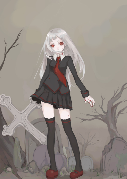 itou nanami, original, silver hair, blood, graveyard, legs, necktie, red eyes, school uniform, serafuku, solo, thighhighs, zettai ryouiki