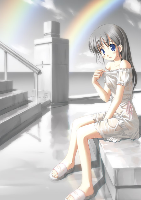 takoyaki (roast), original, 1girl, blue eyes, feet, female focus, grey hair, long hair, looking at viewer, no bra, outdoors, rainbow, sandals, see-through clothes, sitting, smile, solo, spot color, wet, wet clothes